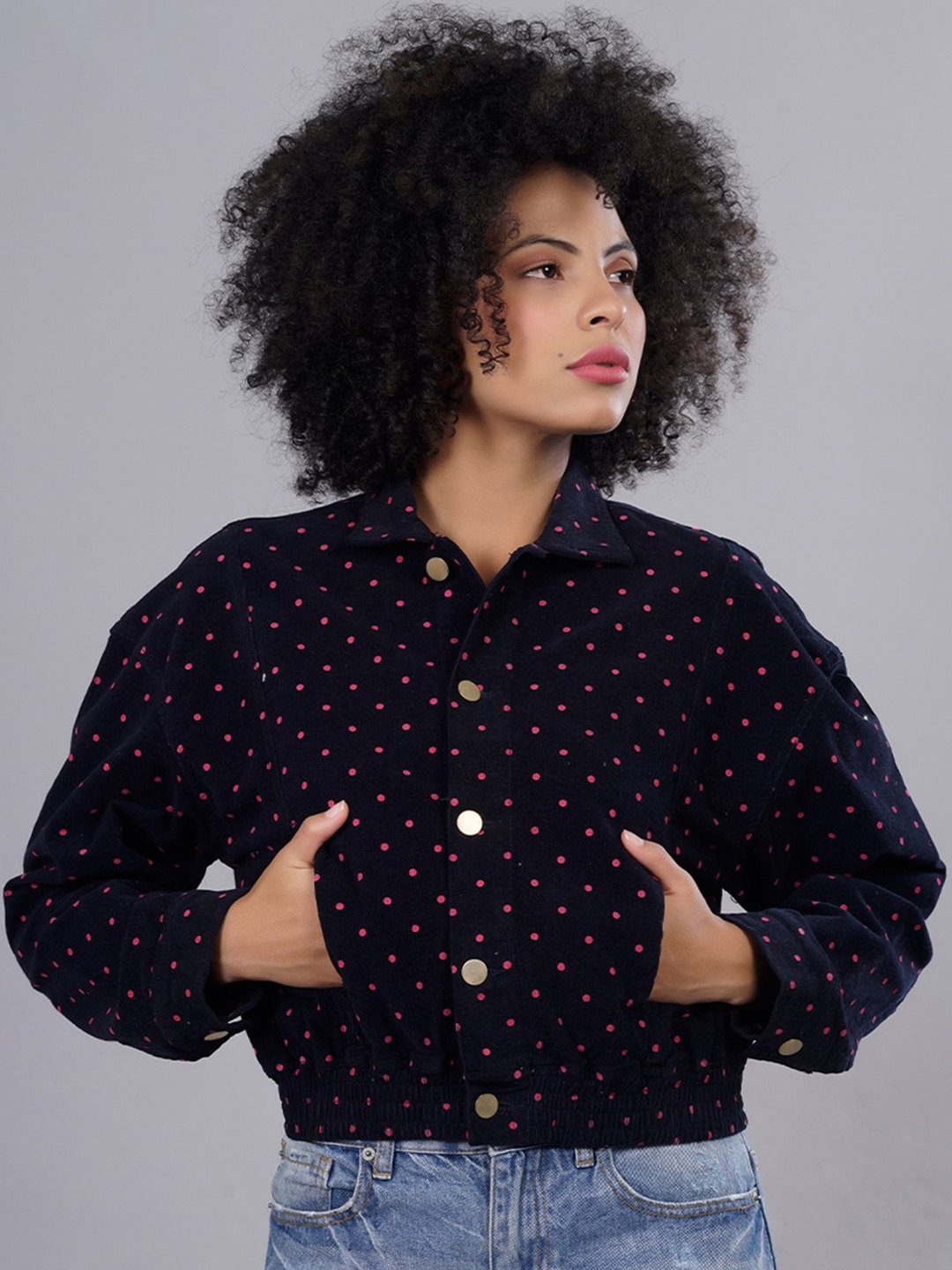

PRONK Polka Dot Printed Crop Corduroy Tailored Jacket, Navy blue