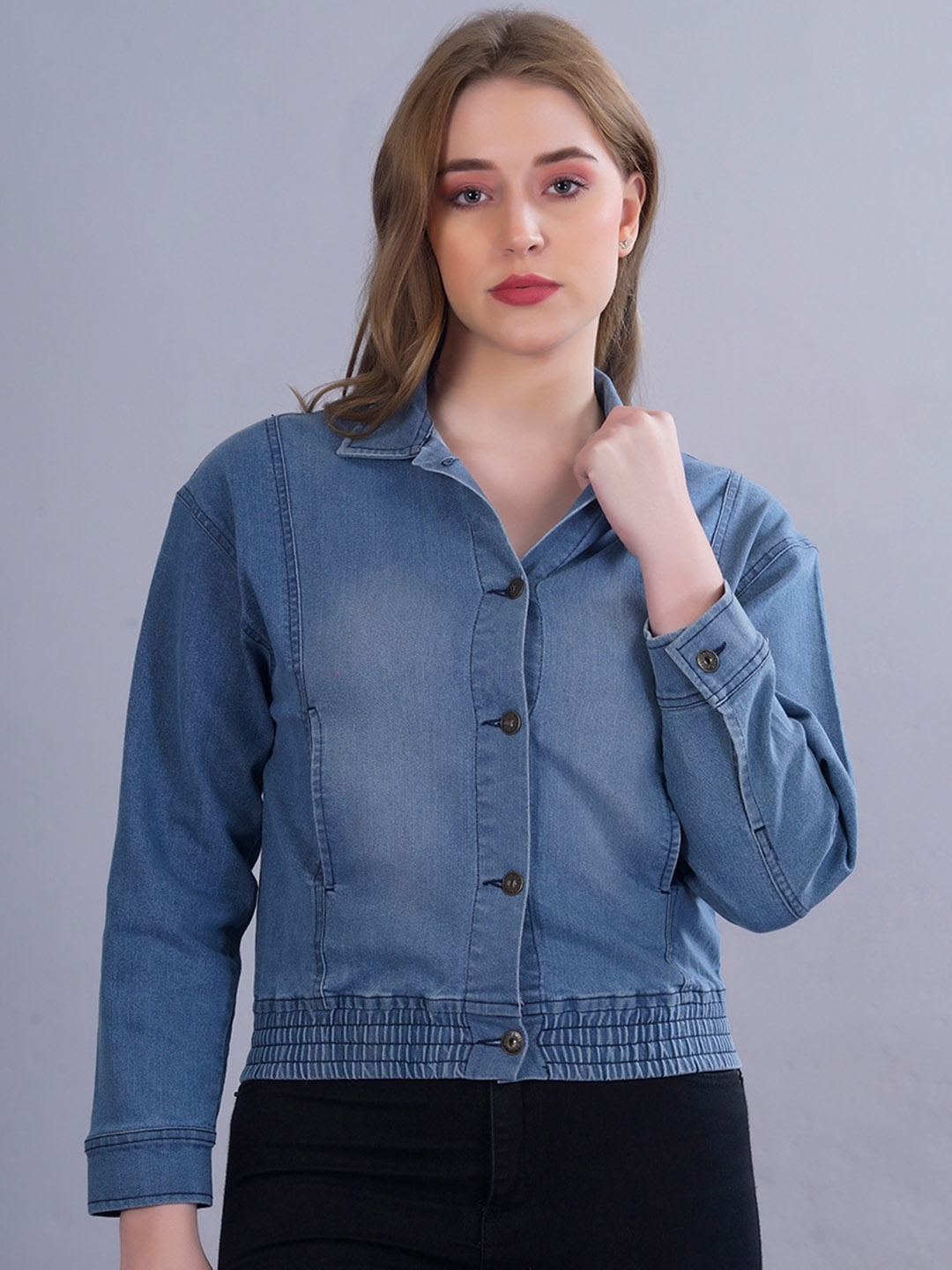 

PRONK Spread Collar Washed Crop Denim Jacket, Blue