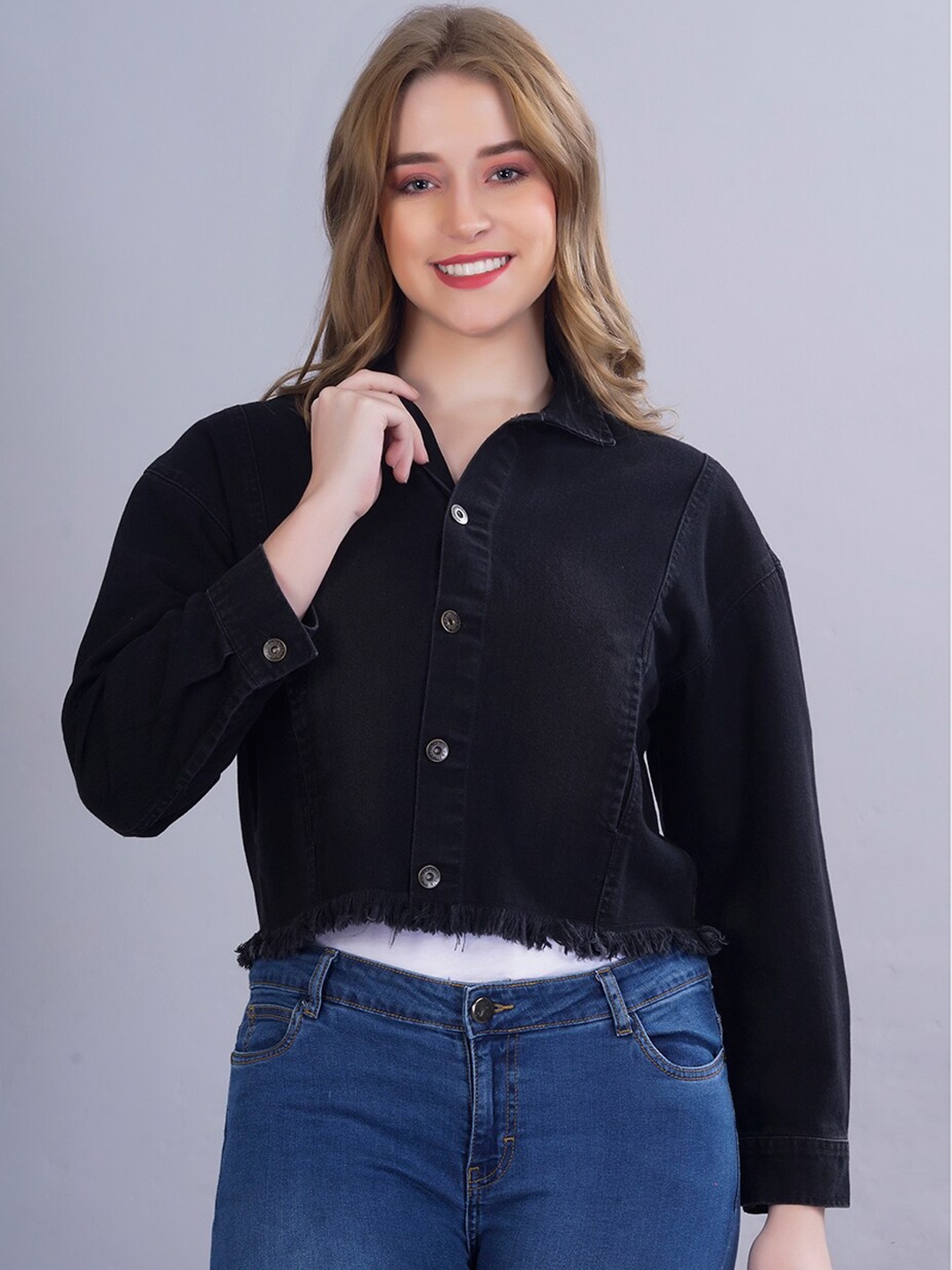 

PRONK Spread Collar Crop Denim Jacket, Black