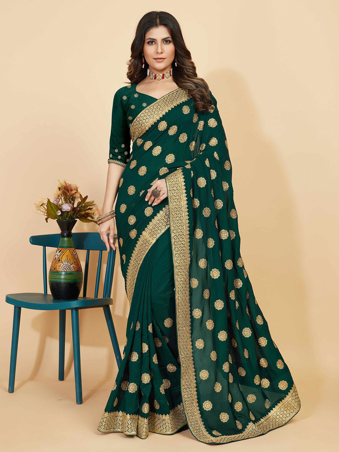

Kasak Ethnic Motifs Embroidered Zari Saree, Green