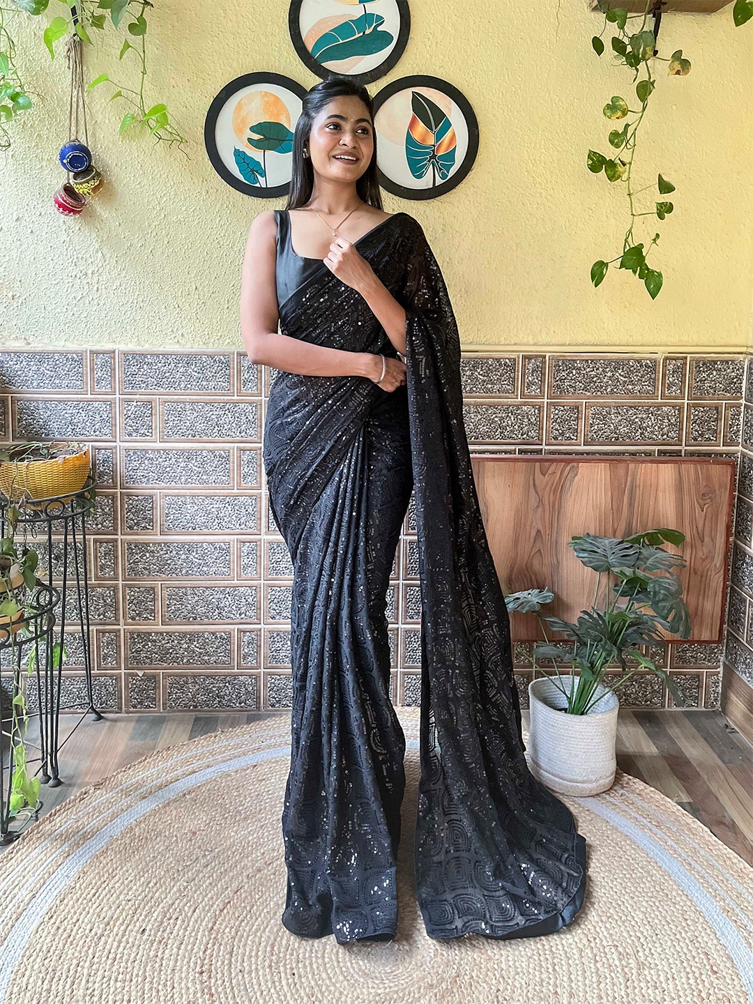 

Mitera Embellished Sequinned Saree, Black