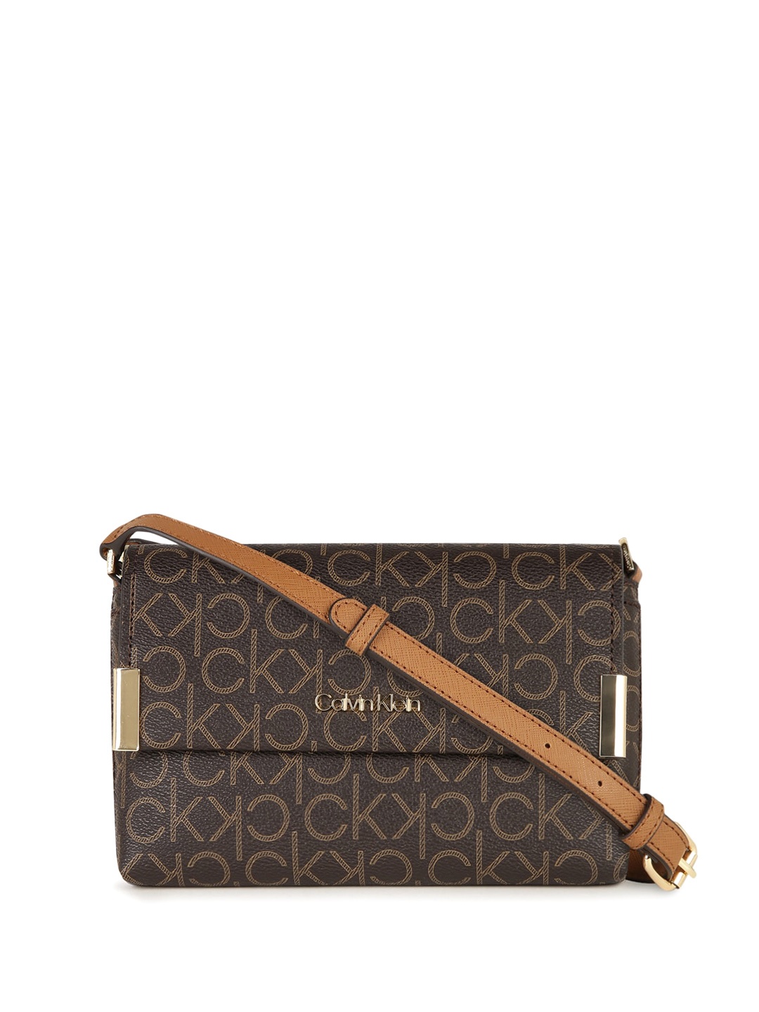 

Calvin Klein Brand Logo Printed Structured Sling Bag, Brown