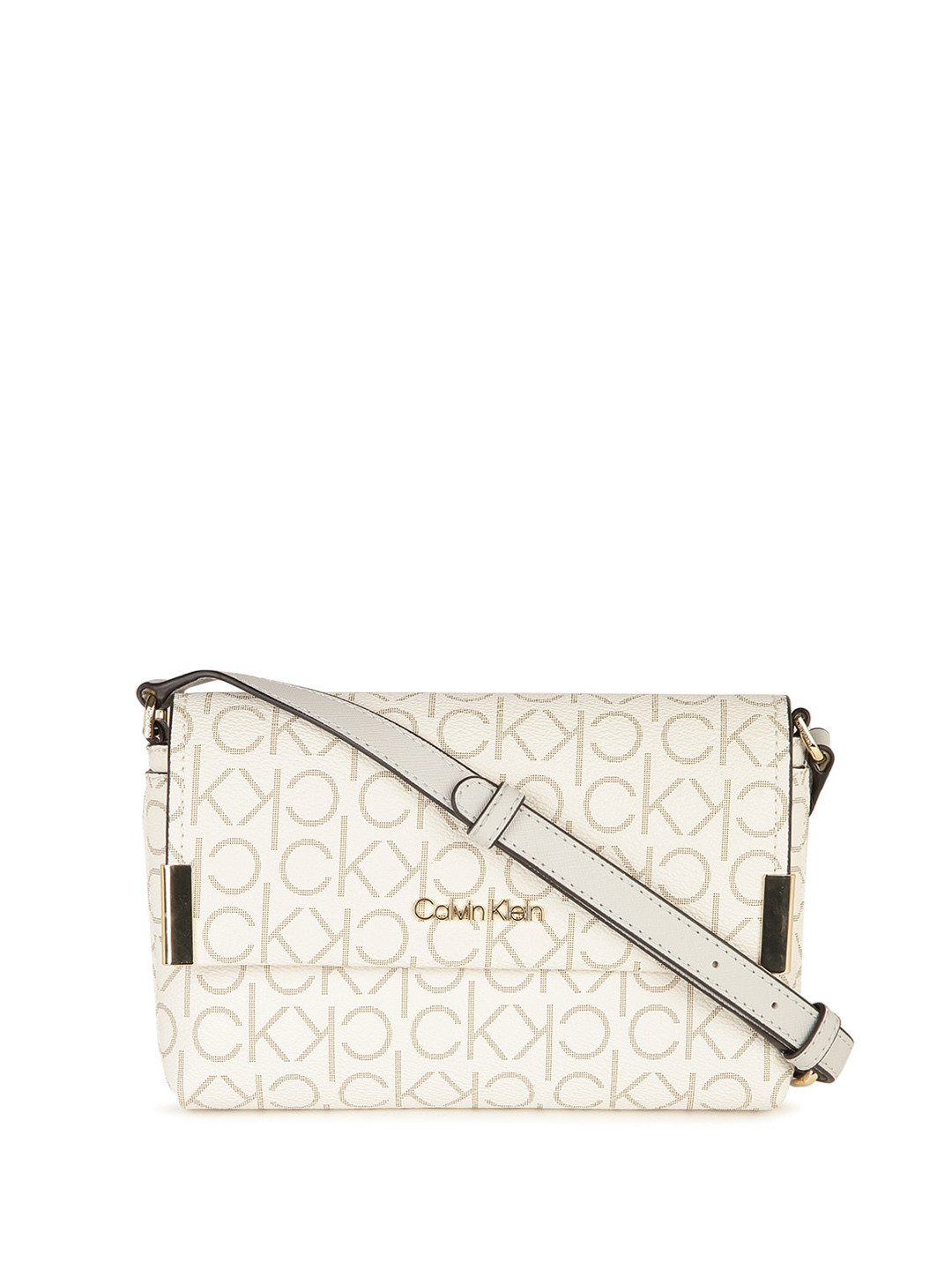 

Calvin Klein Typography Printed Structured Sling Bag, Off white