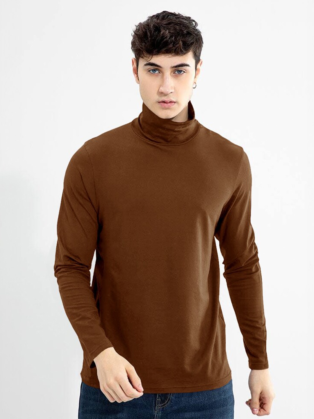 

Eyebogler High Neck Long Sleeves Cotton T-shirt, Coffee brown