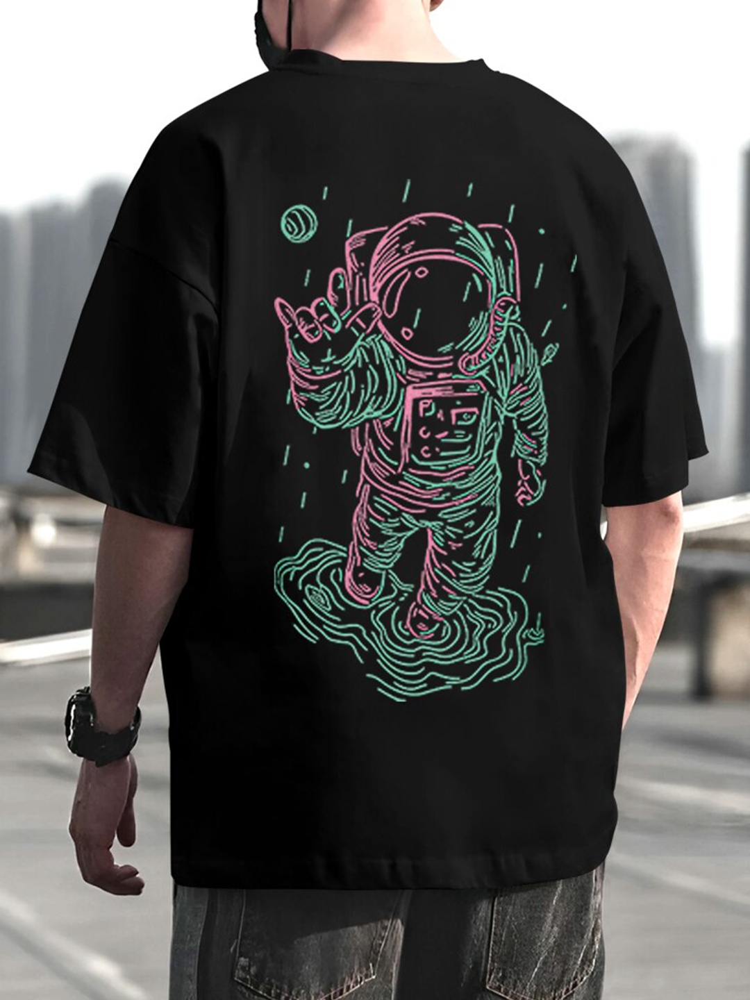 

Eyebogler Graphic Printed Round Neck Short Sleeves Cotton Oversized T-shirt, Black