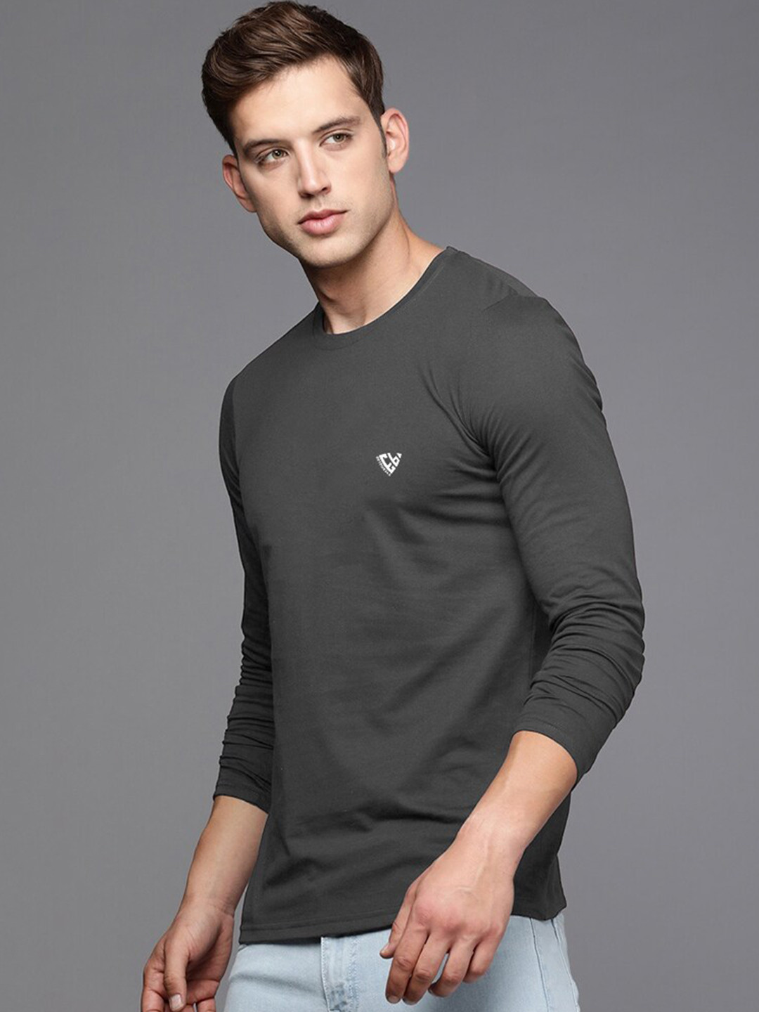 

Eyebogler Round Neck Long Sleeves Cotton T-shirt, Charcoal