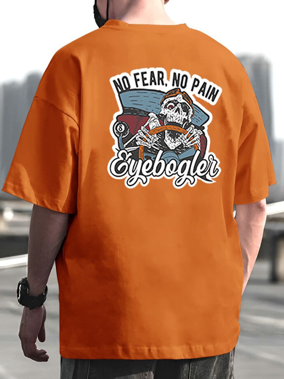 

Eyebogler Graphic Printed Cotton Round Neck Applique Oversized T-shirt, Orange