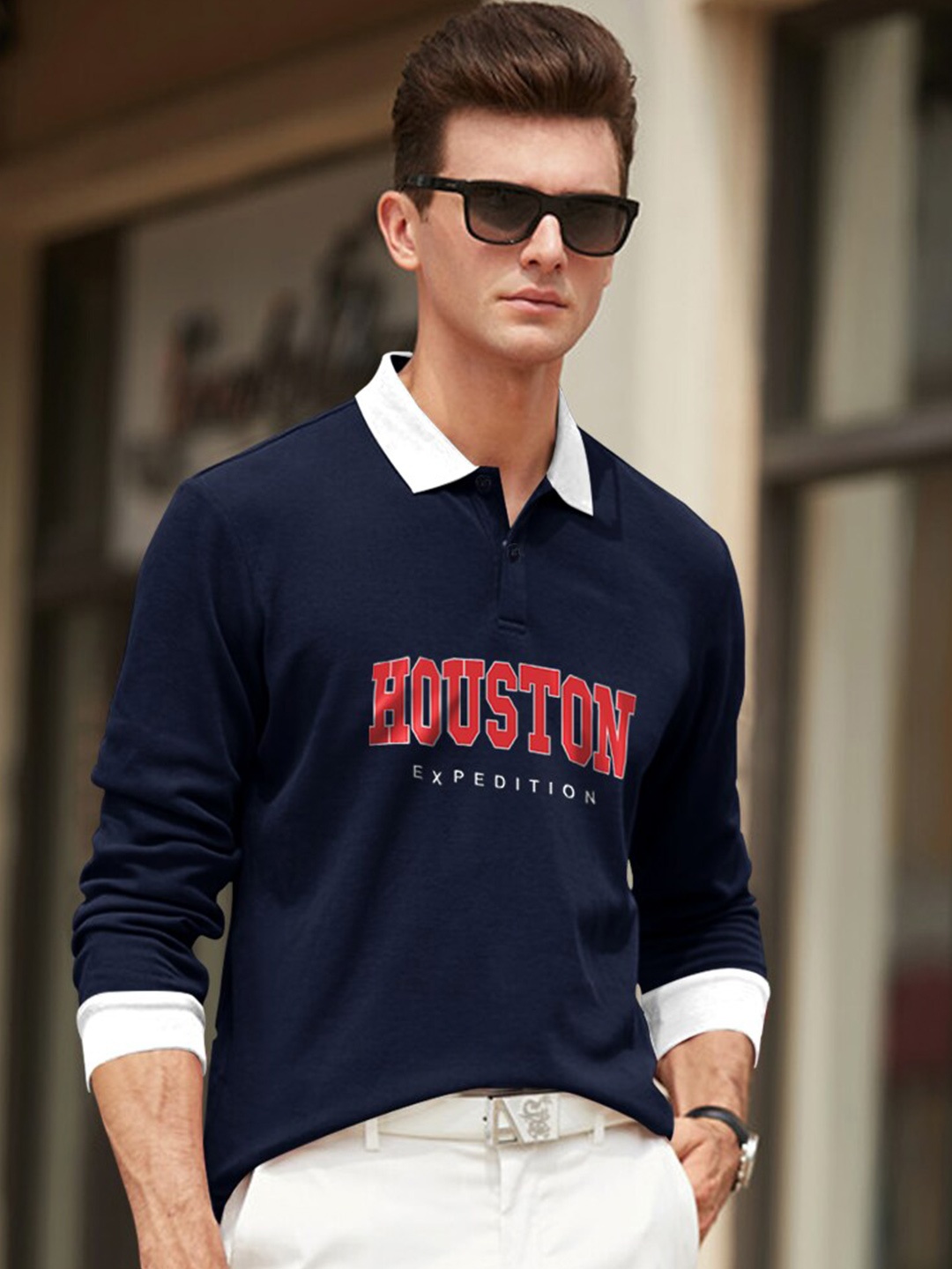 

Eyebogler Typography Printed Cotton Polo Collar Applique T-shirt, Navy blue
