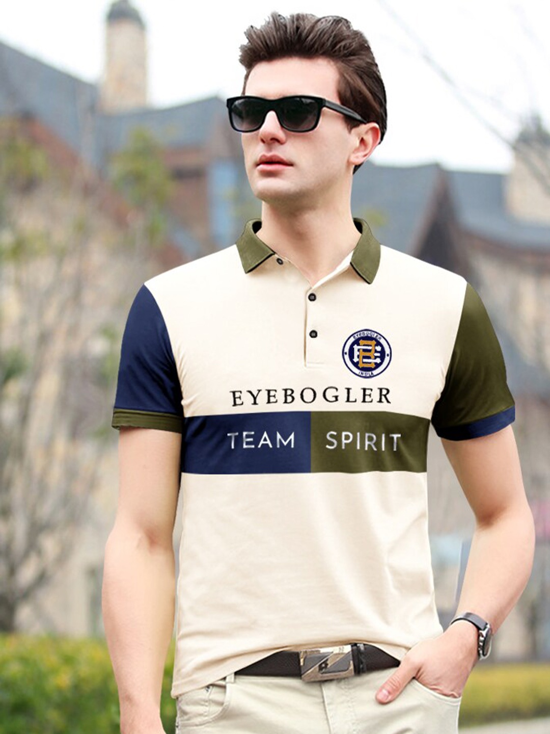 

Eyebogler Typography Printed Cotton Polo Collar Applique T-shirt, Beige