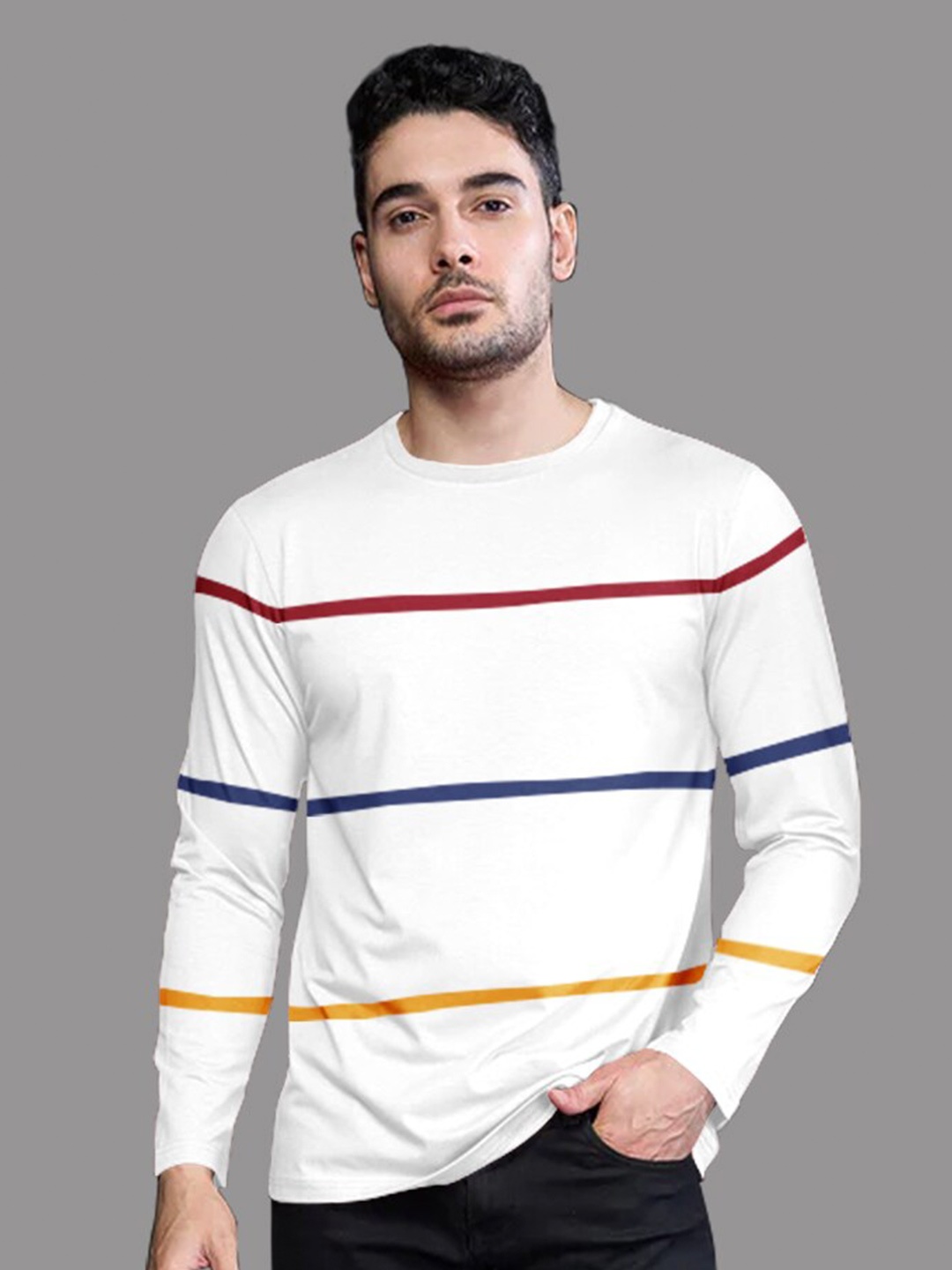 

Eyebogler Striped Cotton Long Sleeves Round Neck T-shirt, White