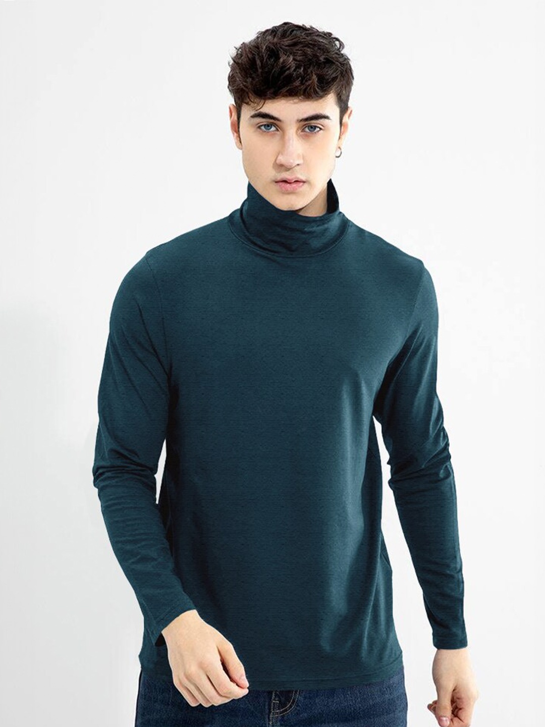 

Eyebogler Cotton High Neck Long Sleeves Applique T-shirt, Teal