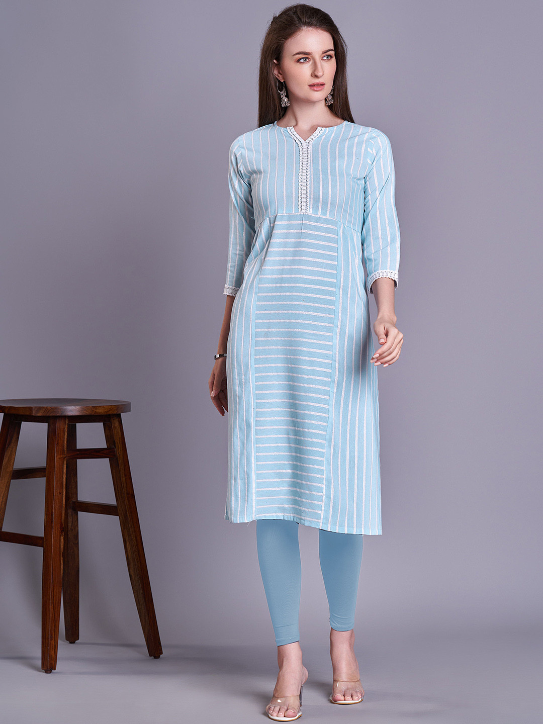 

Kandora Striped Cotton Panelled Kurta, Blue