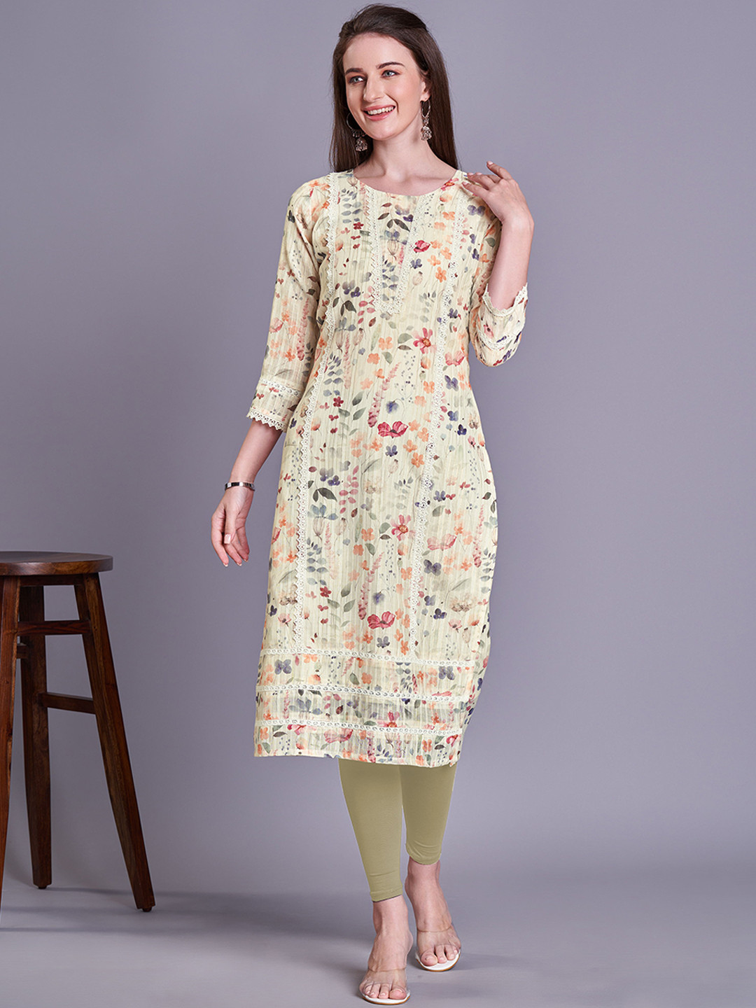 

Kandora Floral Printed Linen Kurta, Yellow