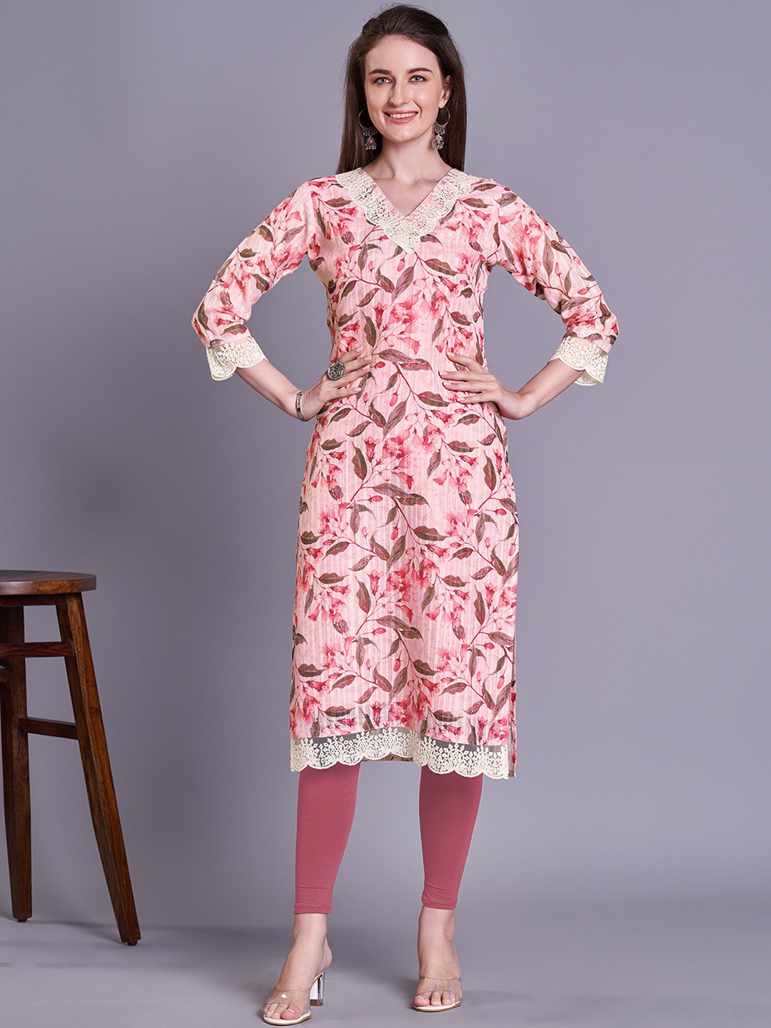 

Kandora Floral Printed Linen Kurta, Red