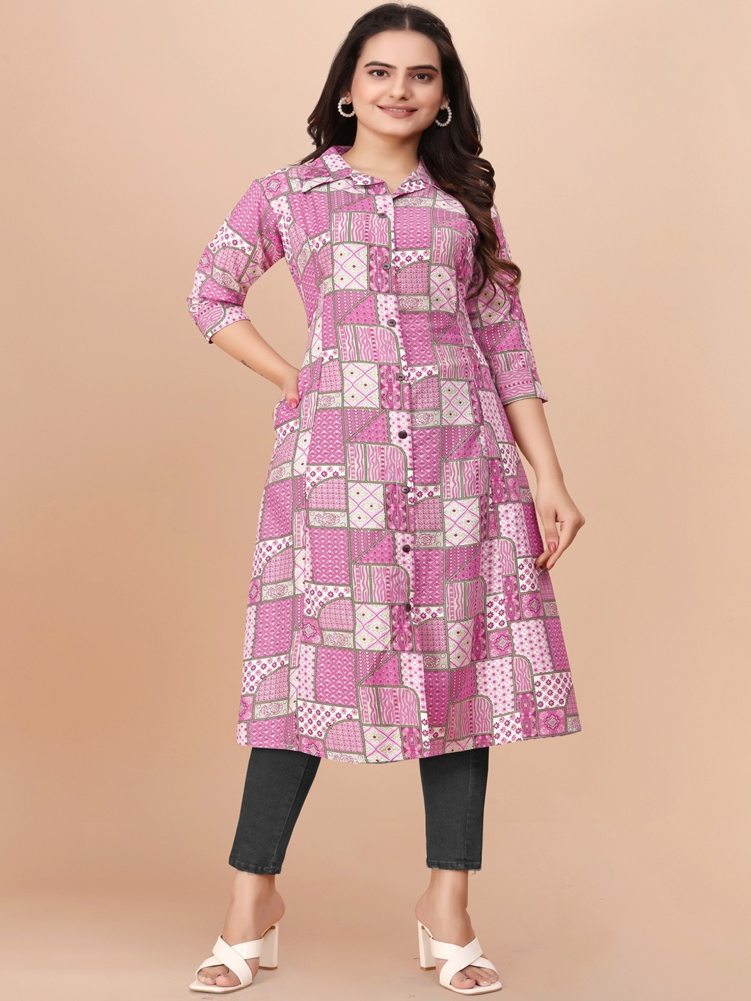 

Kandora Geometric Printed Kurta, Pink