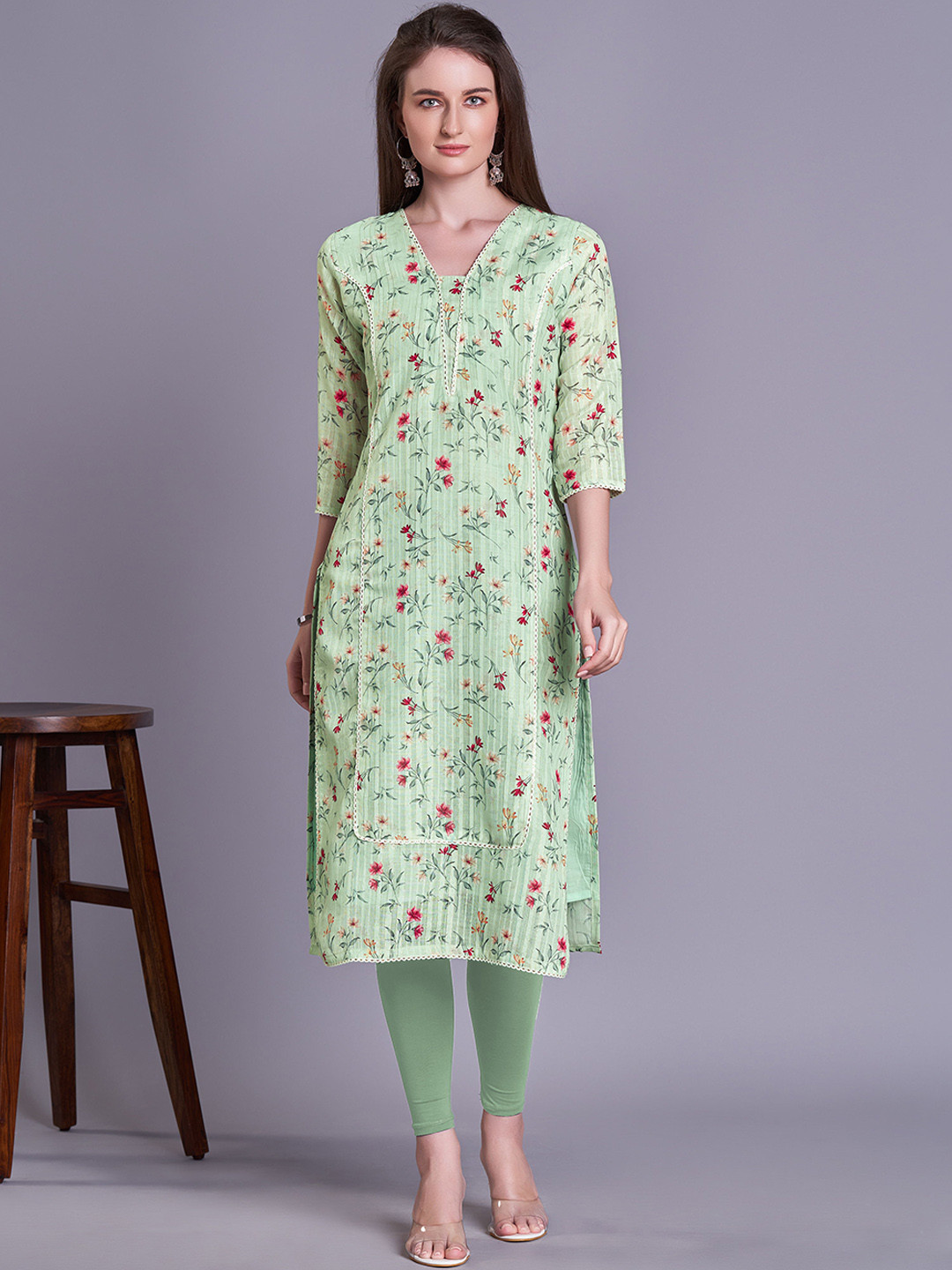 

Kandora Floral Printed Pure Linen Lace Straight Kurta, Green
