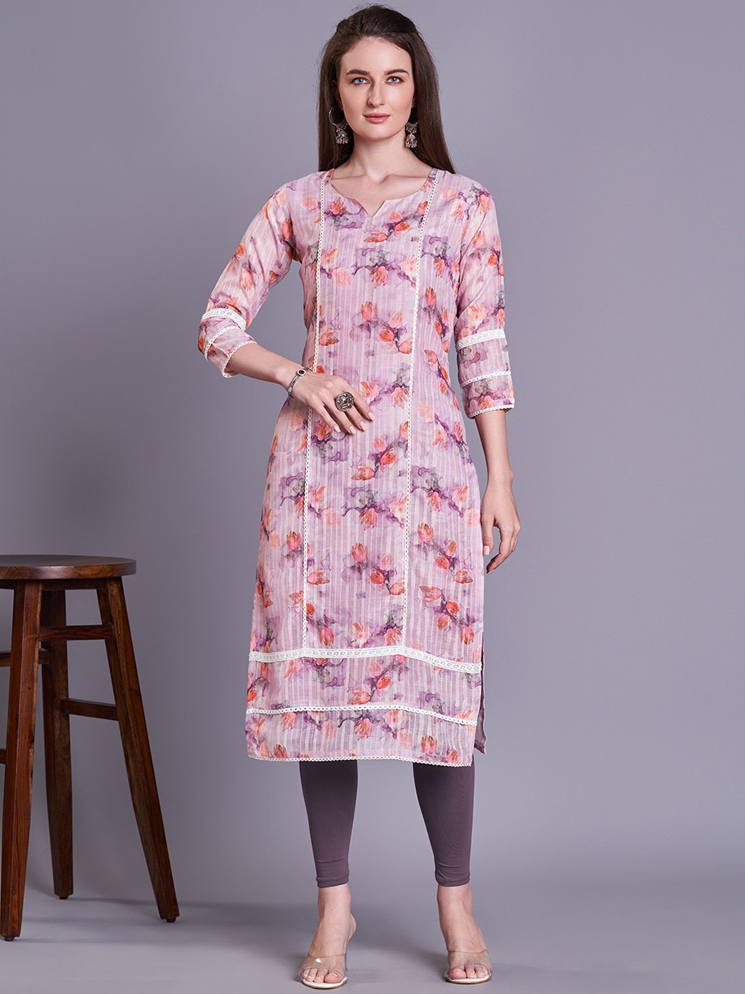 

Kandora Floral Printed Linen Kurta, Pink
