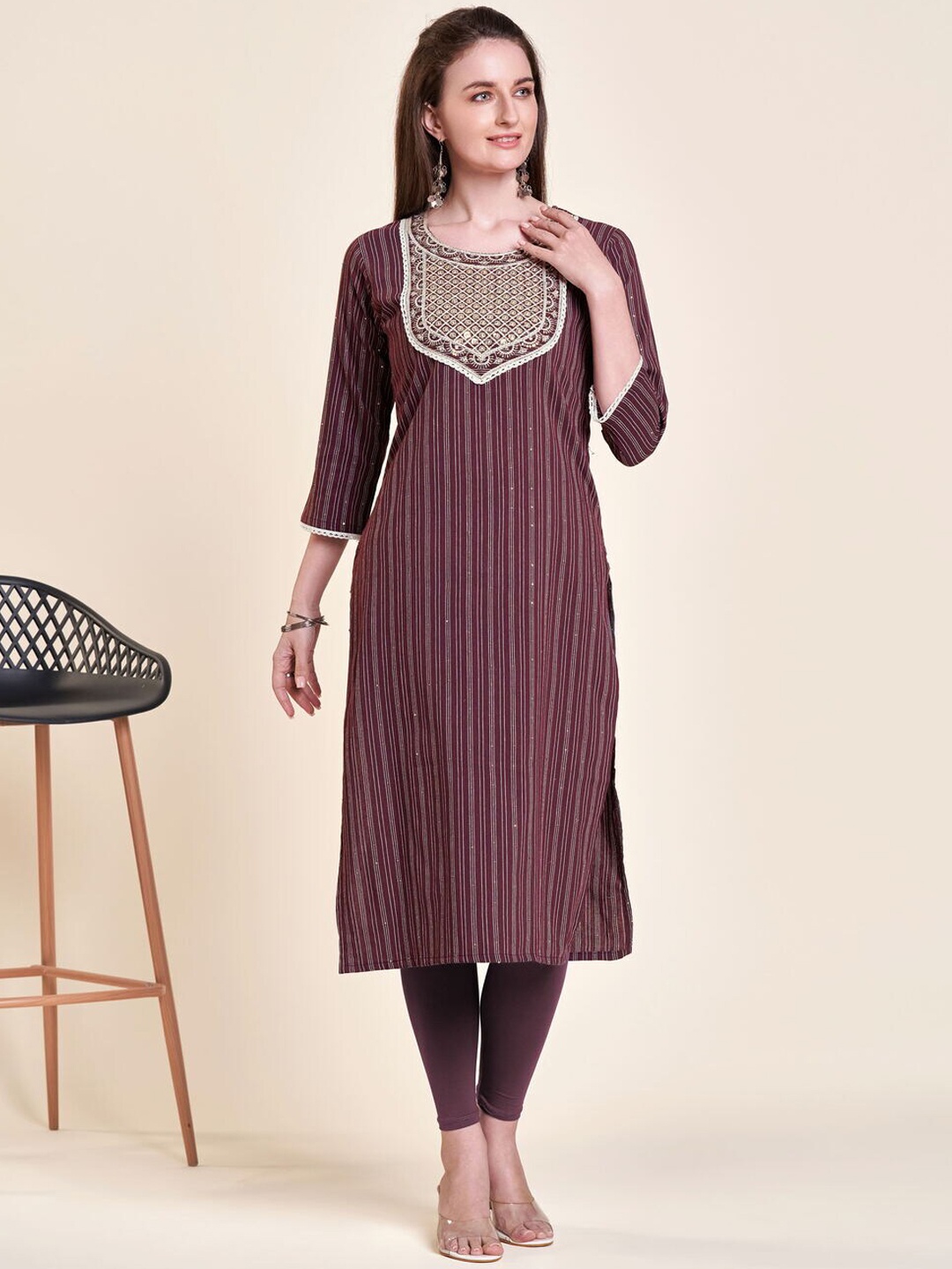 

Kandora Striped Thread Work Pure Cotton Straight Kurta, Maroon