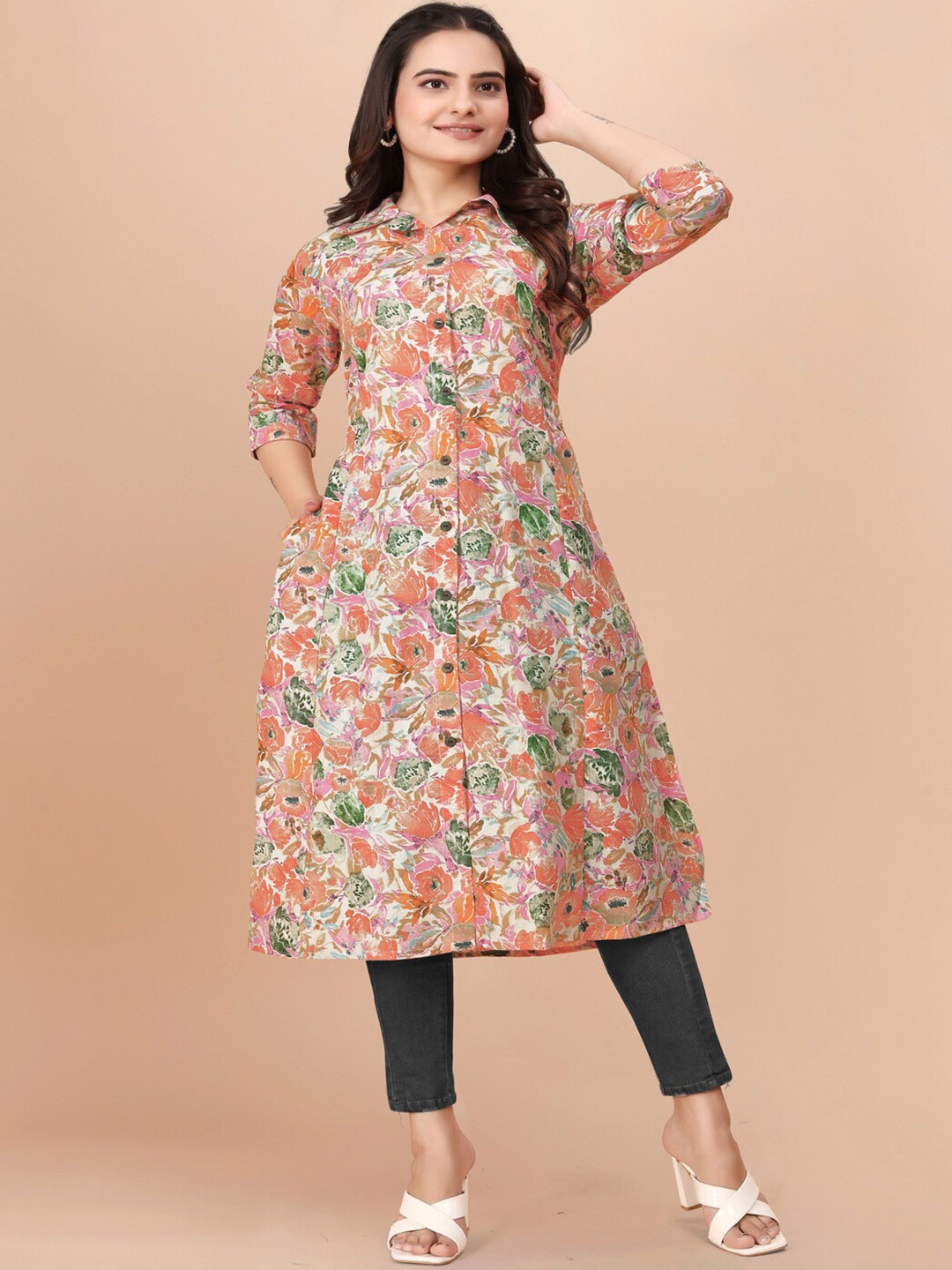 

Kandora Floral Printed Pure Cotton A-Line Kurta, White