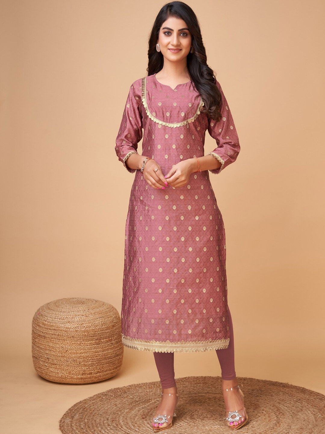 

Kandora Ethnic Motifs Woven Design Sequined Straight Kurta, Red