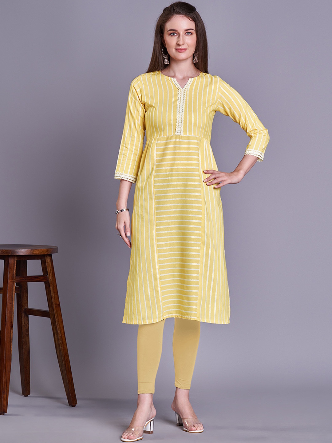 

Kandora Striped Pure Cotton Kurta, Yellow