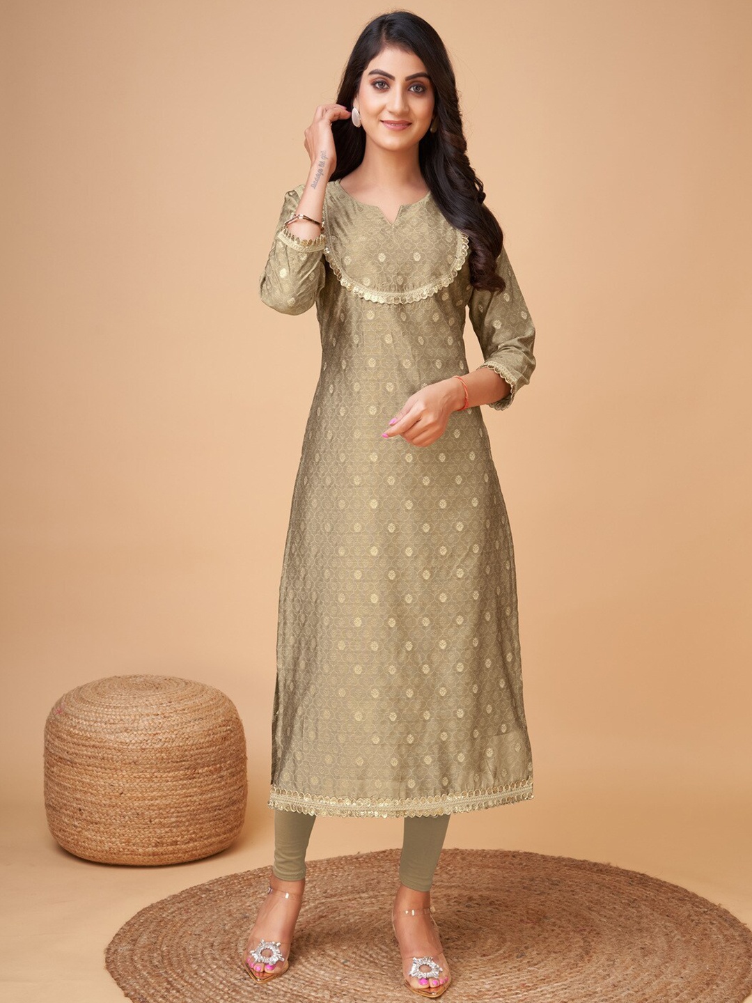 

Kandora Ethnic Motifs Woven Design Gotta Patti Kurta, Beige