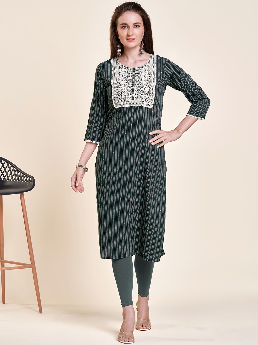 

Kandora Striped Thread Work Pure Cotton Straight Kurta, Green