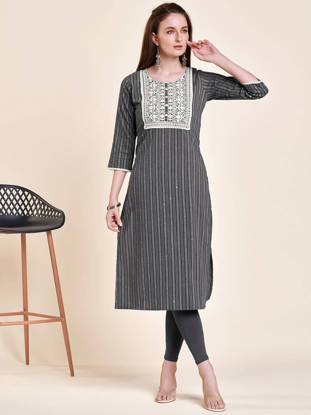 

Kandora Striped Thread Work Pure Cotton Straight Kurta, Grey