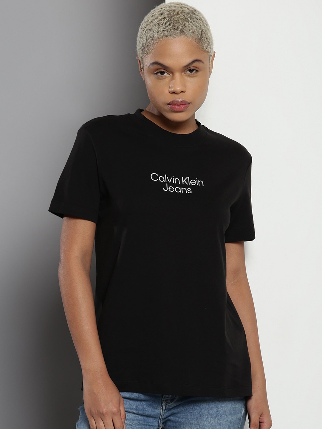 

Calvin Klein Brand Logo Printed Cotton Round Neck Regular Fit Casual T-shirt, Black