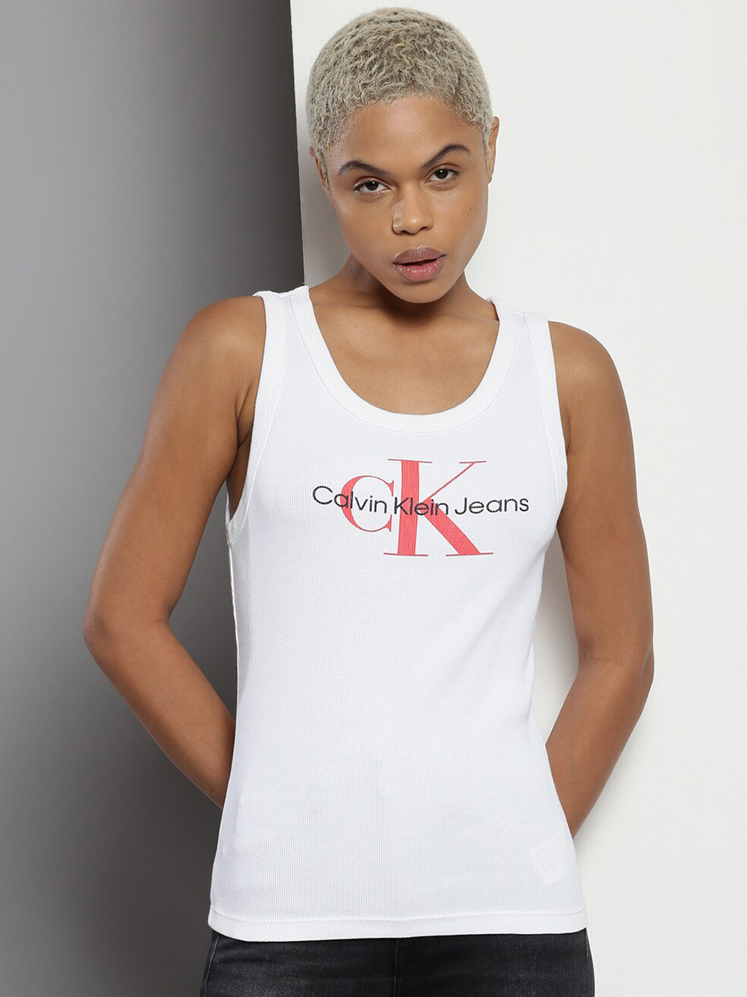 

Calvin Klein Typography Printed Shoulder Strap Tank Top, White