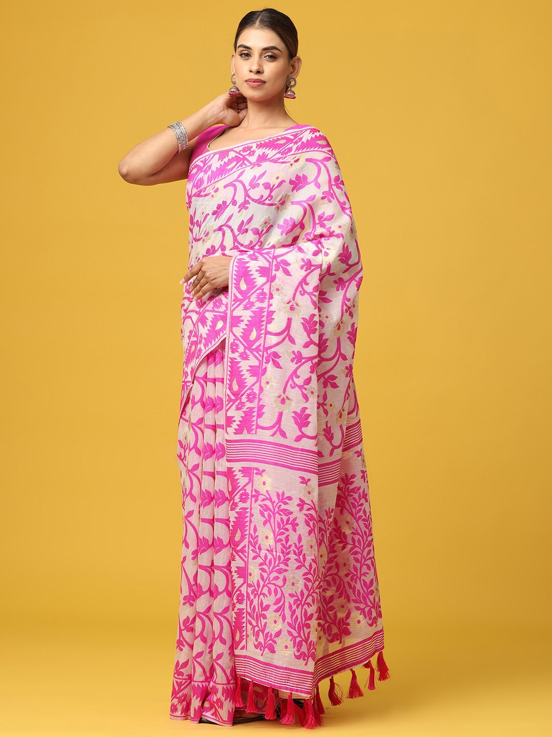 

PATLIPALLU Floral Woven Design Zari Silk Cotton Jamdani Saree, Cream
