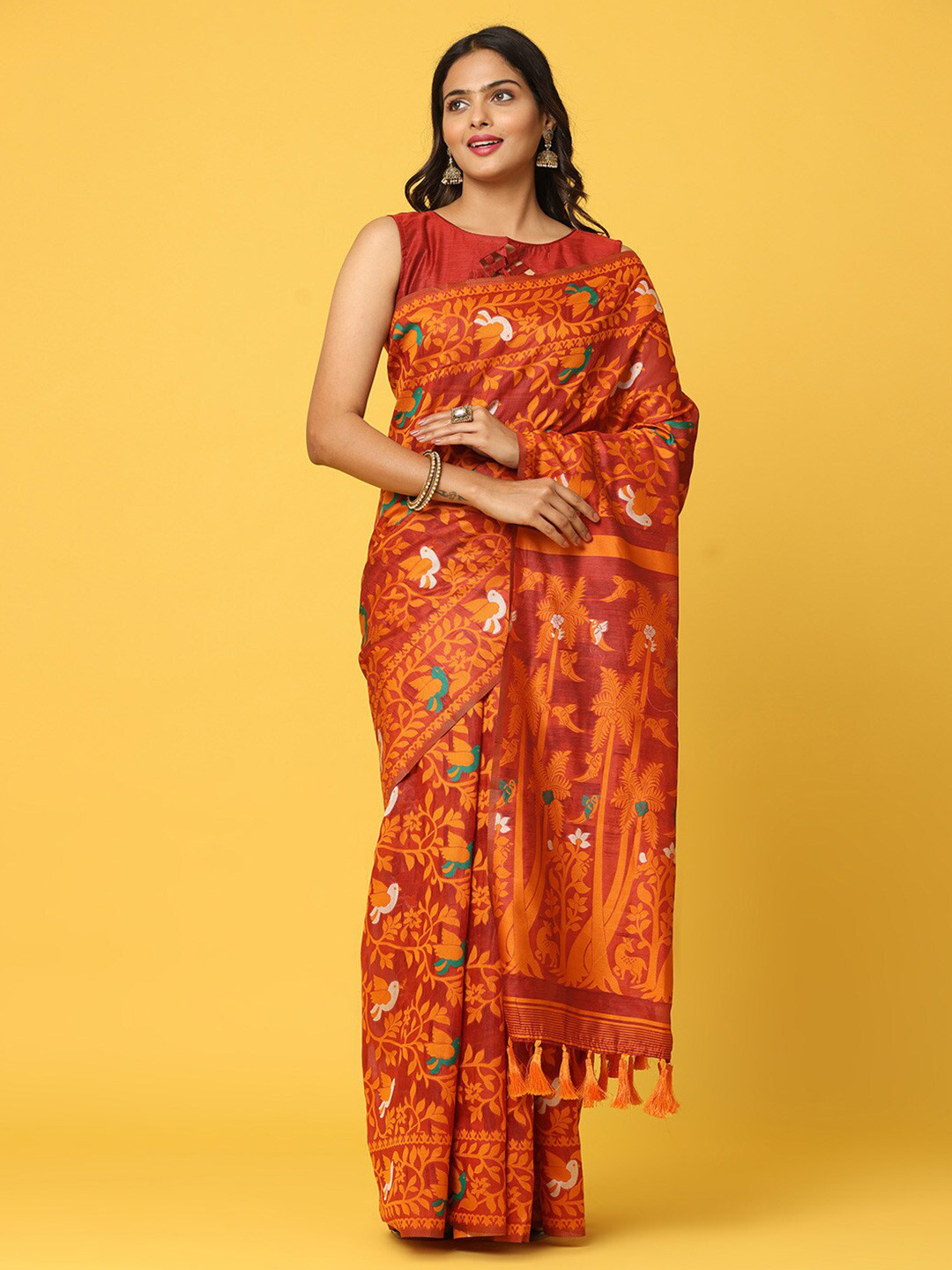 

PATLIPALLU Floral Woven Design Zari Jamdani Saree, Maroon