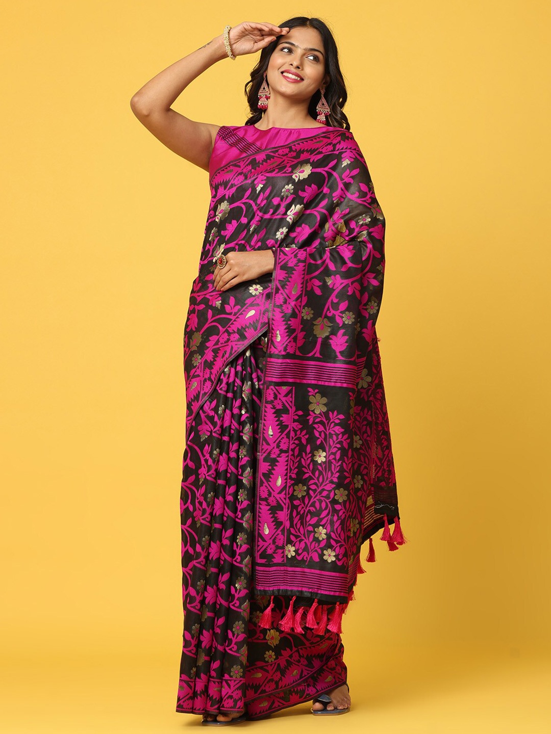

PATLIPALLU Floral Woven Design Zari Silk Cotton Jamdani Saree, Black