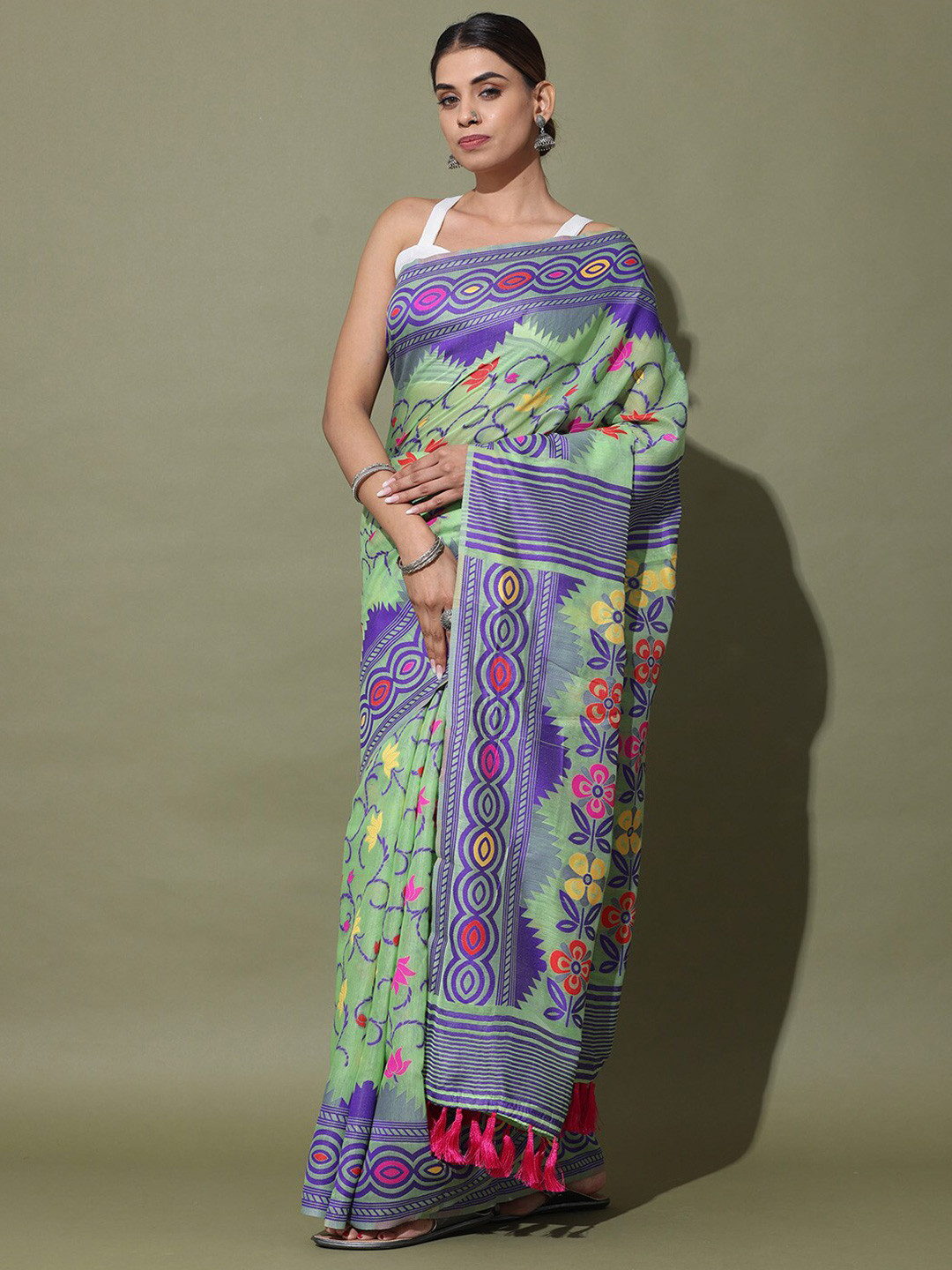 

PATLIPALLU Woven Design Silk Blend Jamdani Saree, Green