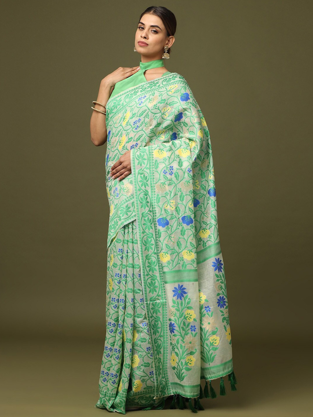 

PATLIPALLU Ethnic Motifs Woven Design Zari Silk Cotton Jamdani Saree, Cream