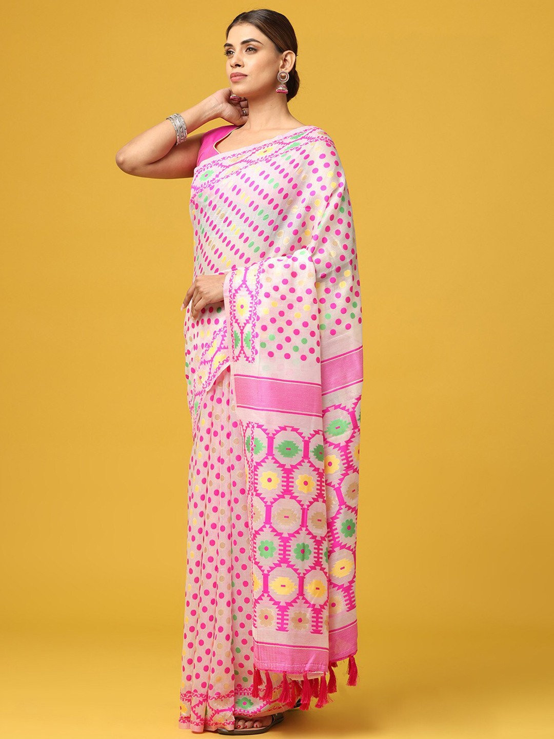 

PATLIPALLU Geometric Woven Design Zari Silk Cotton Jamdani Saree, Cream