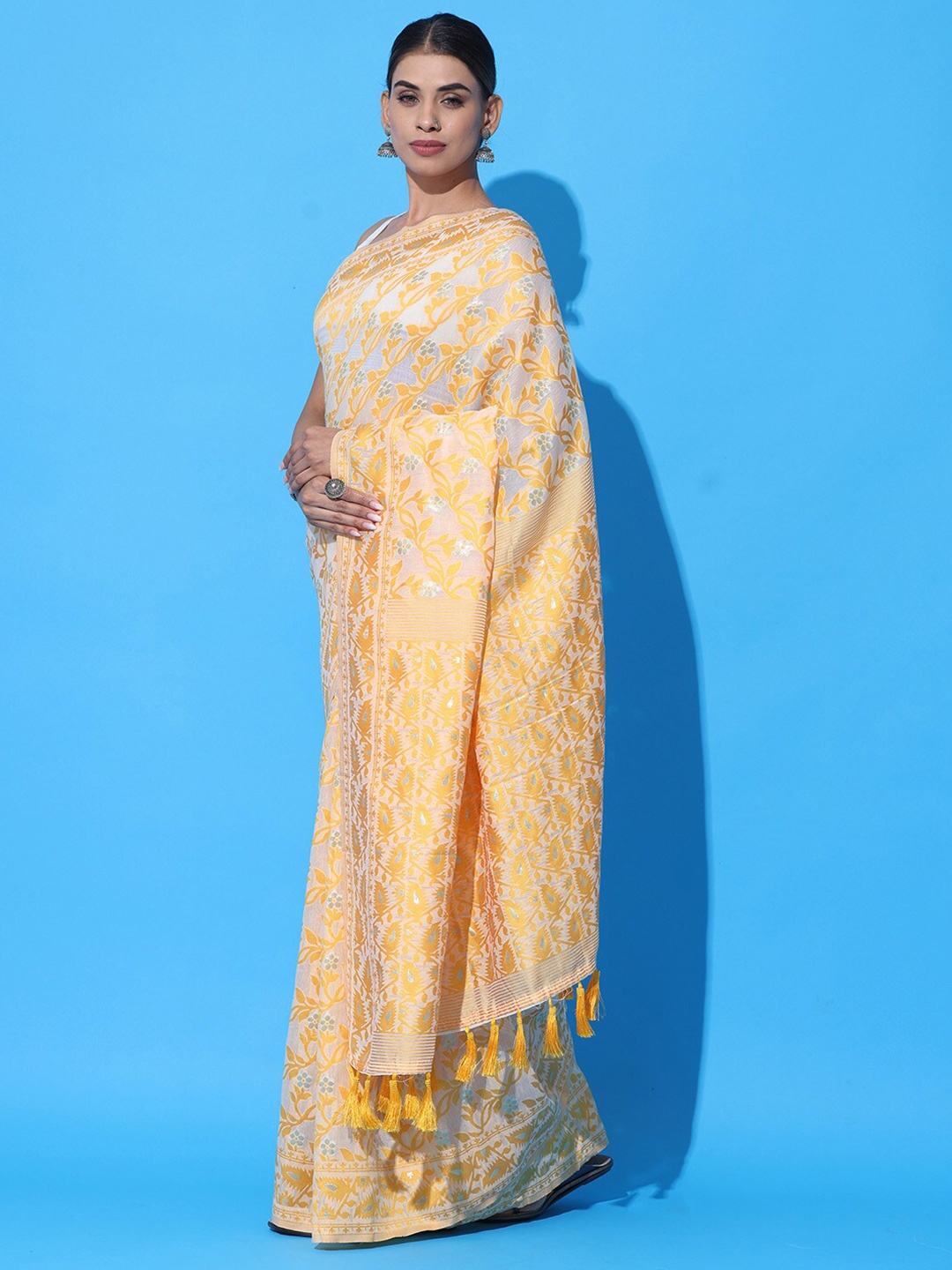 

PATLIPALLU Ethnic Motifs Woven Design Zari Silk Cotton Jamdani Saree, Yellow