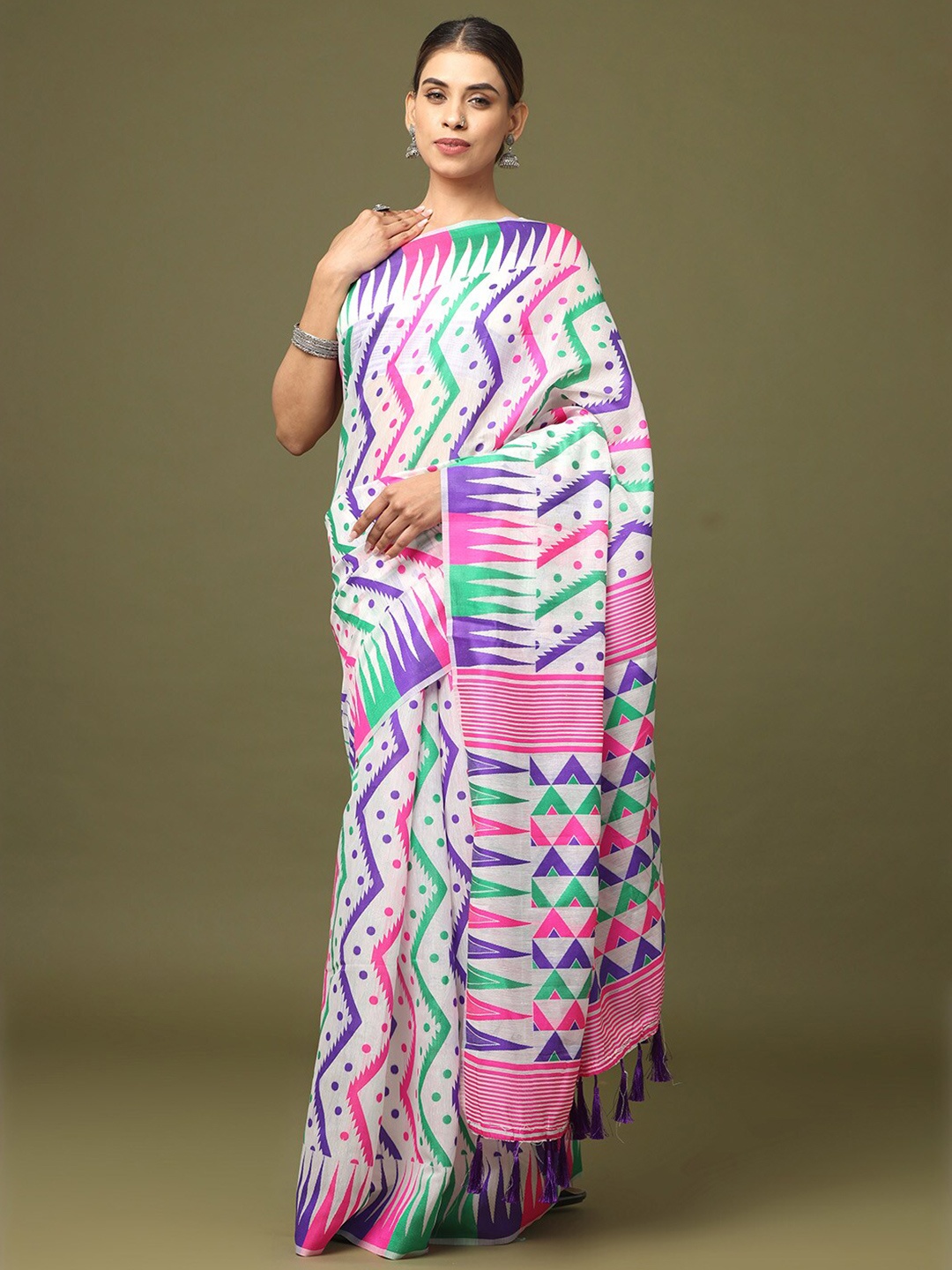 

PATLIPALLU Woven Design Jamdani Saree, White
