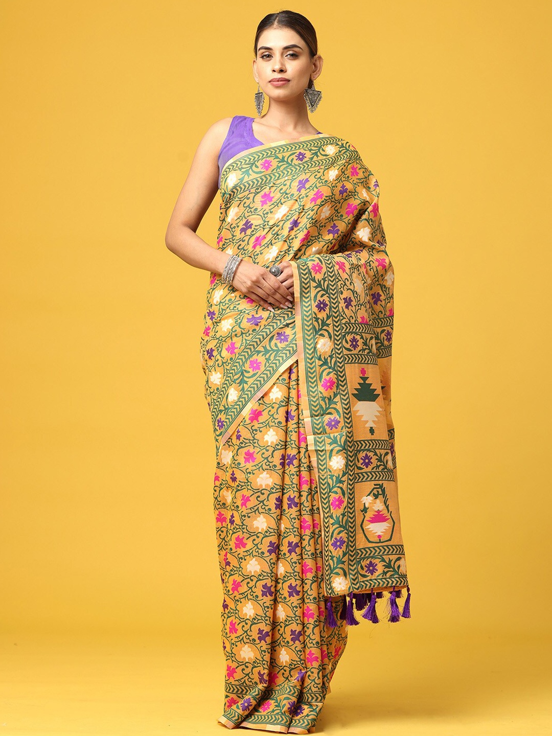 

PATLIPALLU Floral Woven Design Jamdani Saree, Orange