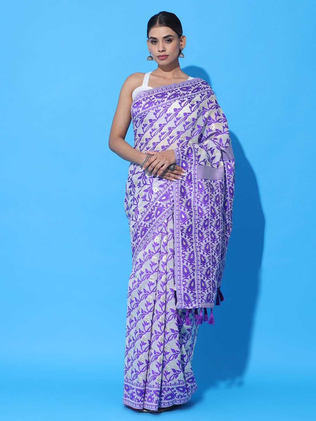

PATLIPALLU Ethnic Motifs Woven Design Zari Silk Cotton Jamdani Saree, Cream