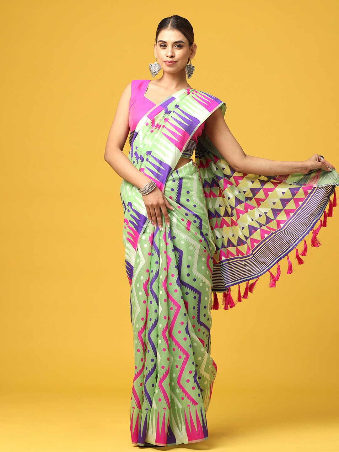 

PATLIPALLU Geometric Woven Design Zari Silk Cotton Jamdani Saree, Green