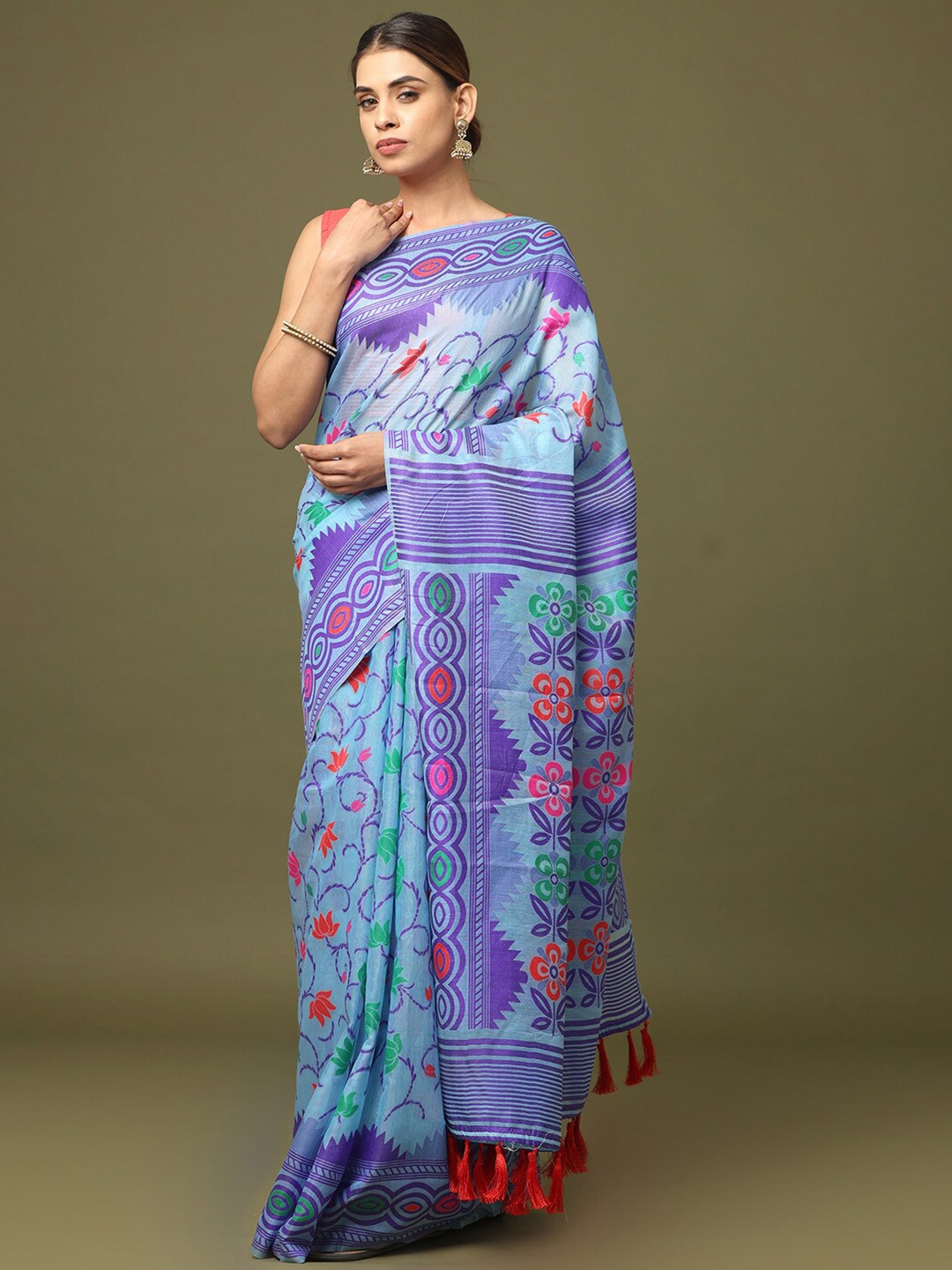 

PATLIPALLU Floral Woven Design Jamdani Saree, Blue