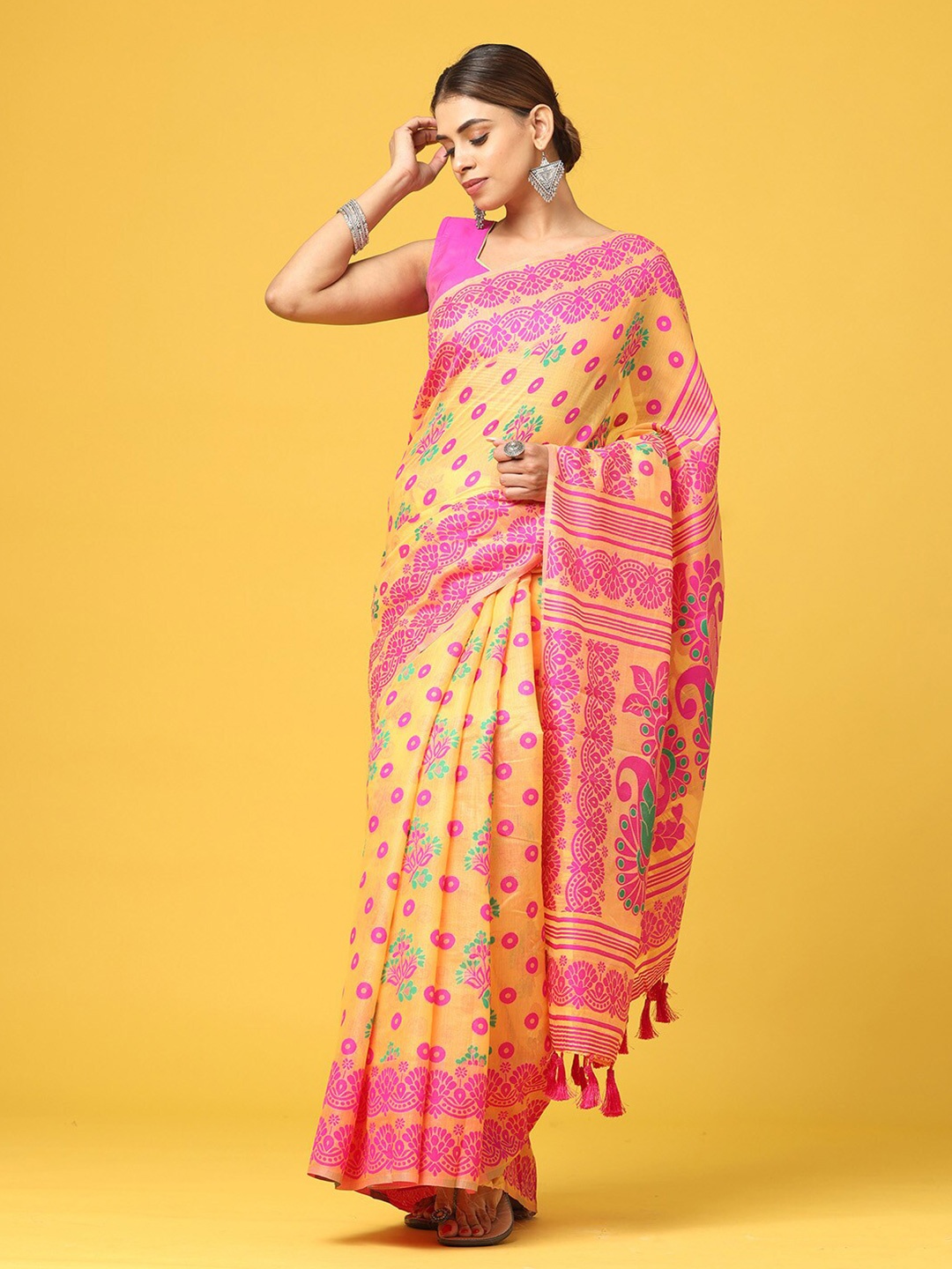 

PATLIPALLU Ethnic Motifs Woven Design Zari Silk Cotton Jamdani Saree, Orange