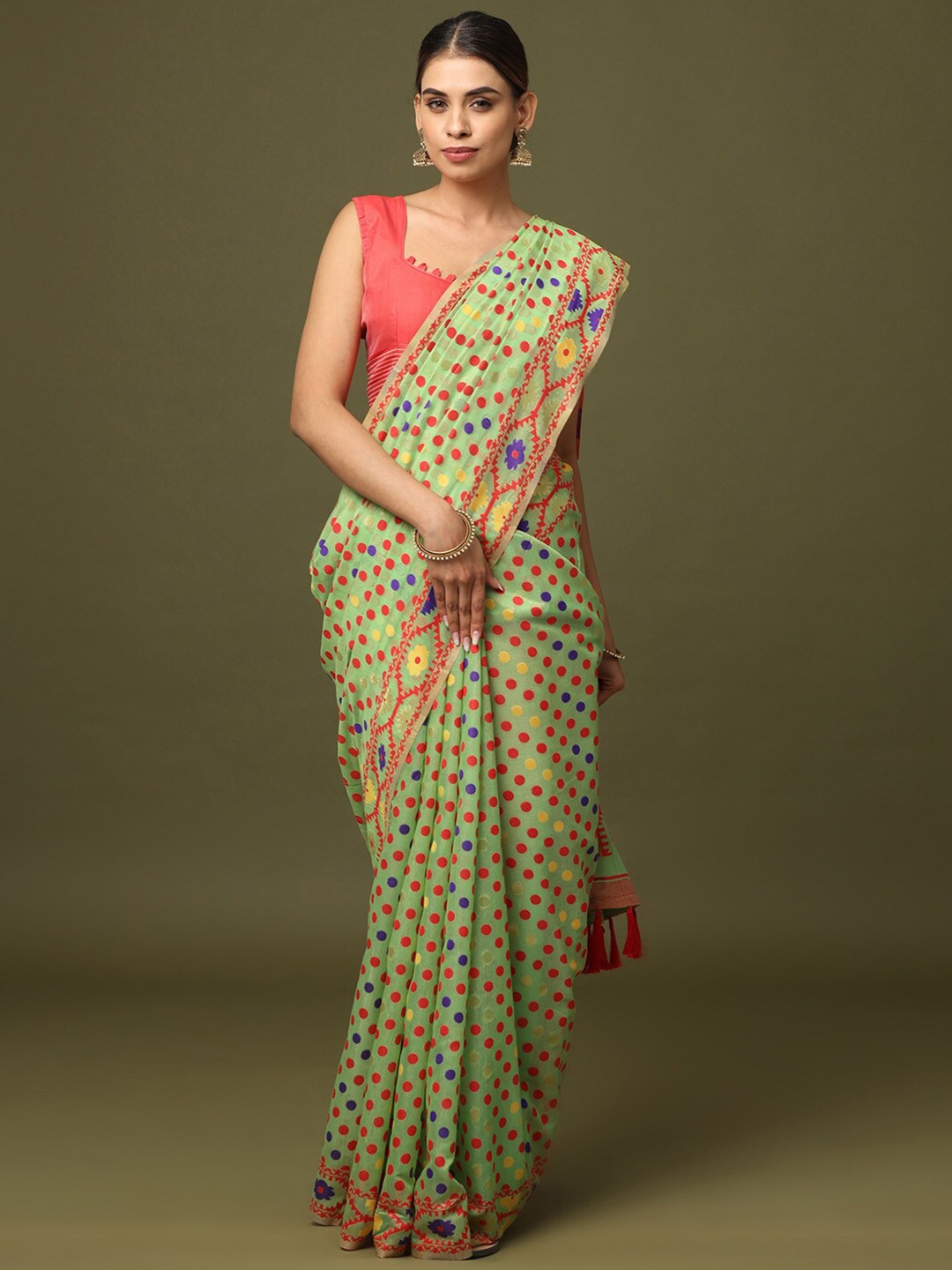 

PATLIPALLU Geometric Woven Design Zari Silk Cotton Jamdani Saree, Green
