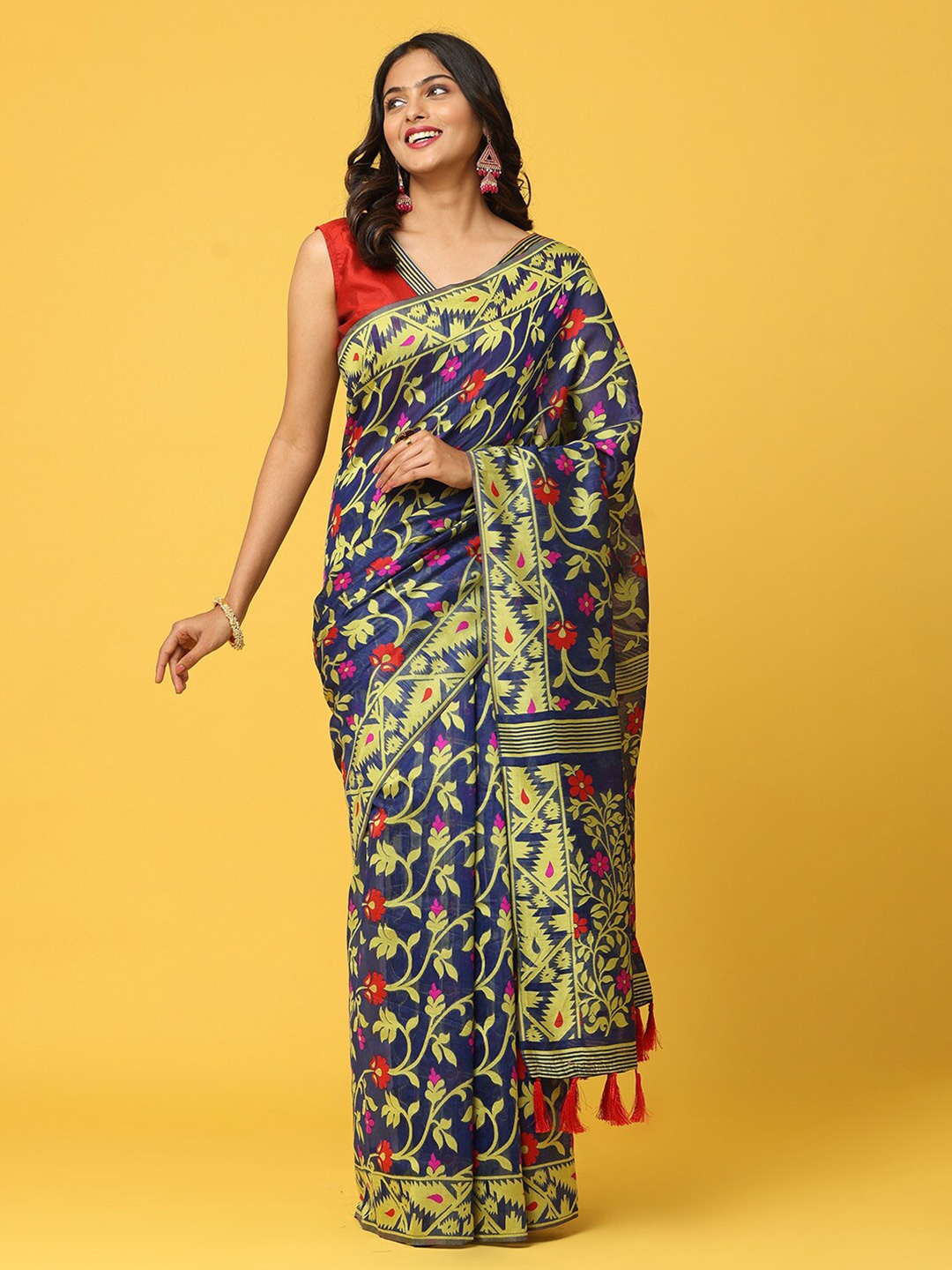 

PATLIPALLU Floral Woven Design Zari Silk Cotton Jamdani Saree, Blue