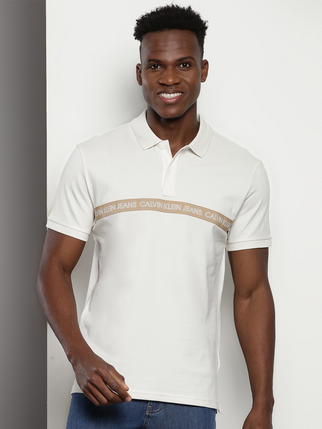

Calvin Klein Polo Collar Short Sleeves Slim Fit Cotton Casual T-shirt, Beige