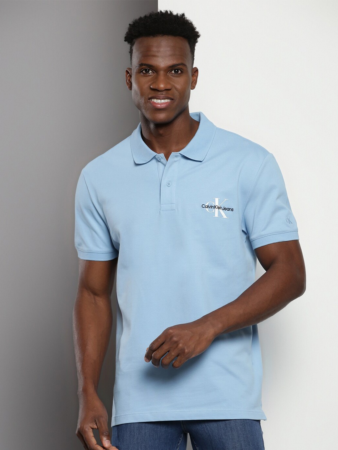 

Calvin Klein Jeans Brand Logo Printed Cotton Polo Collar Applique Casual T-shirt, Blue