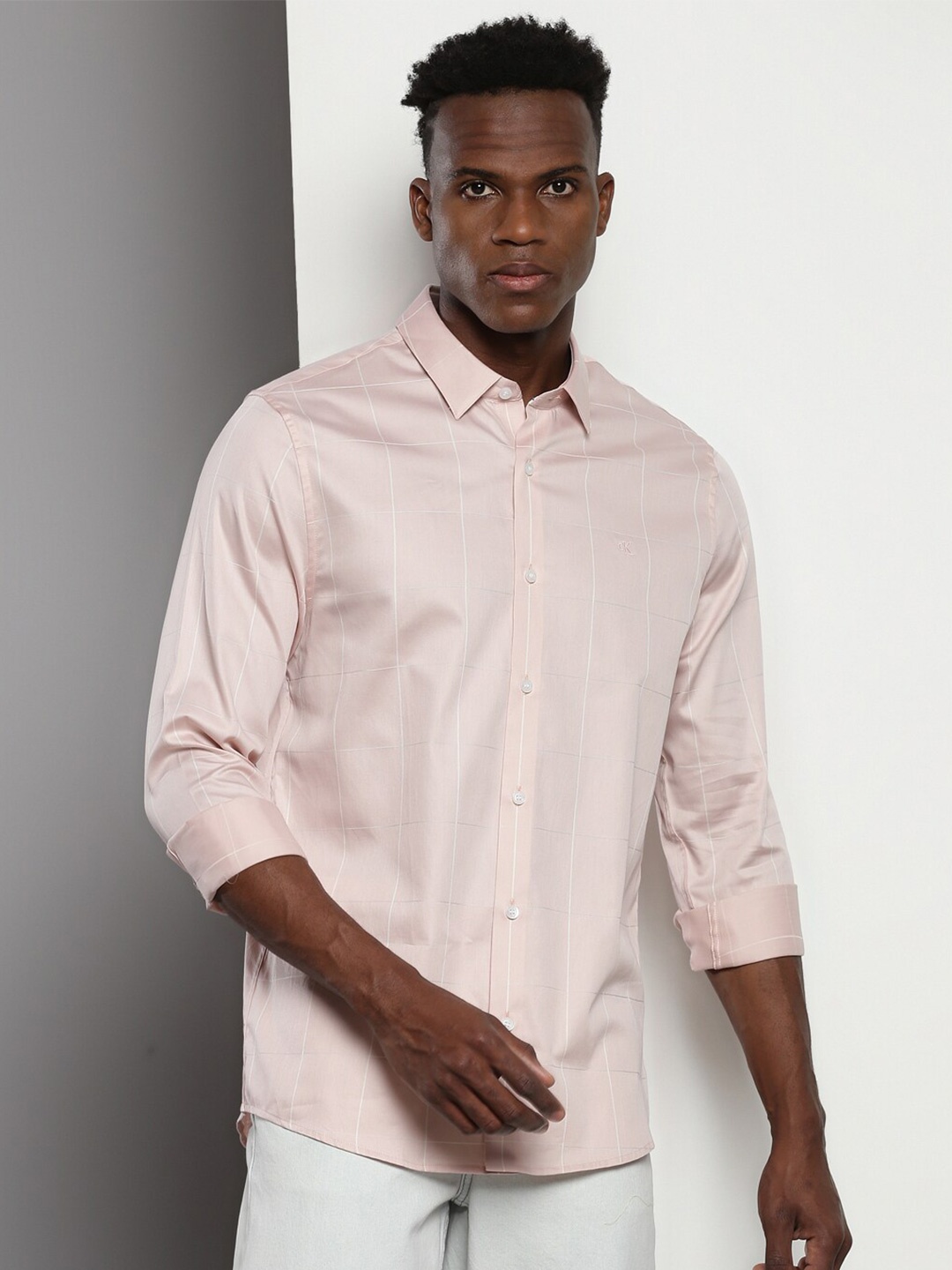 

Calvin Klein Jeans Windowpane Checks Cotton Spread Collar Opaque Checked Casual Shirt, Beige
