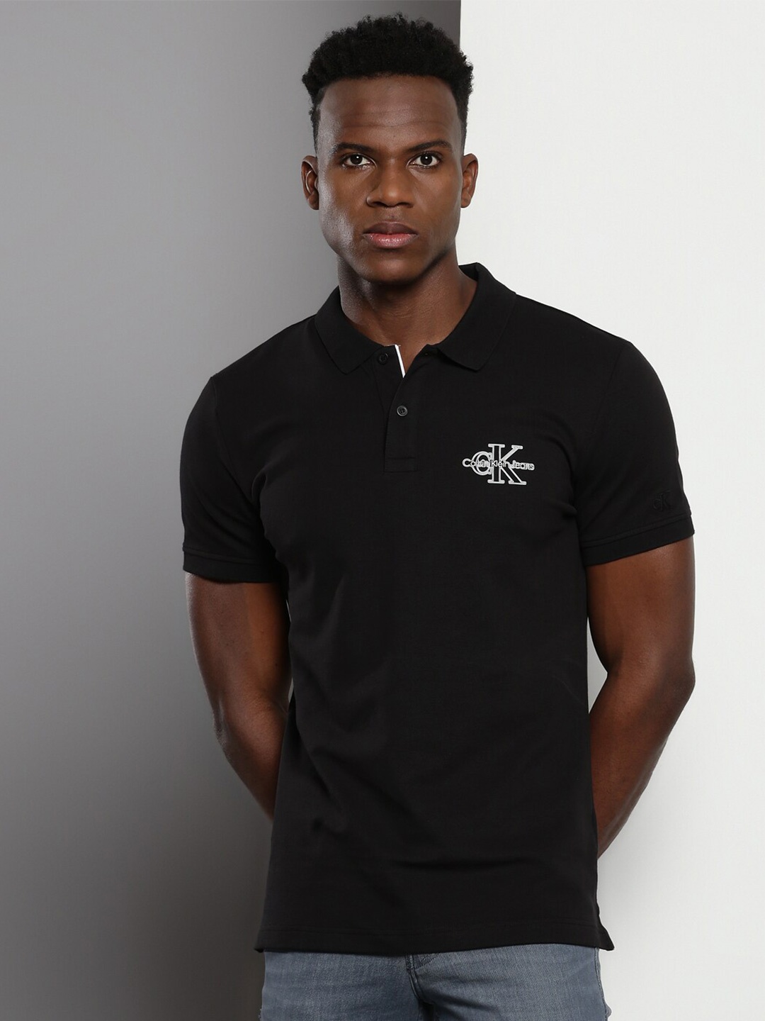 

Calvin Klein Jeans Typography Polo Collar Slim Fit Cotton Casual T-shirt, Black