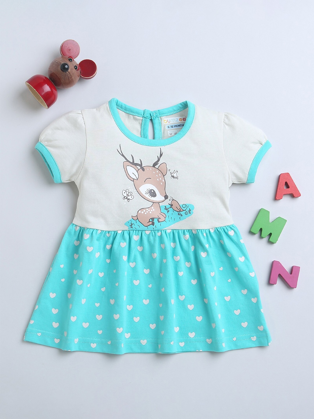 

BUMZEE Girls Cotton Print Round Neck Short Sleeves Fit & Flare Dress, Beige